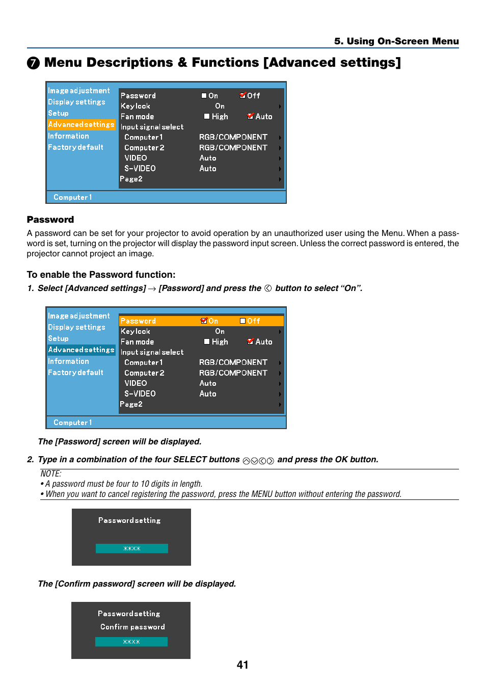 Password, ᕧ menu descriptions & functions [advanced settings, Menu descriptions & functions [advanced settings | Canon LV-7245 User Manual | Page 49 / 71