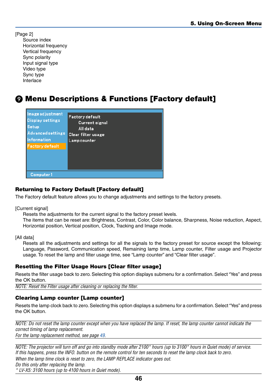 9) menu descriptions & functions [factory default, Returning to factory default [factory default, Clearing lamp counter [lamp counter | ᕩ menu descriptions & functions [factory default, Menu descriptions & functions [factory default | Canon LV-7245 User Manual | Page 54 / 71