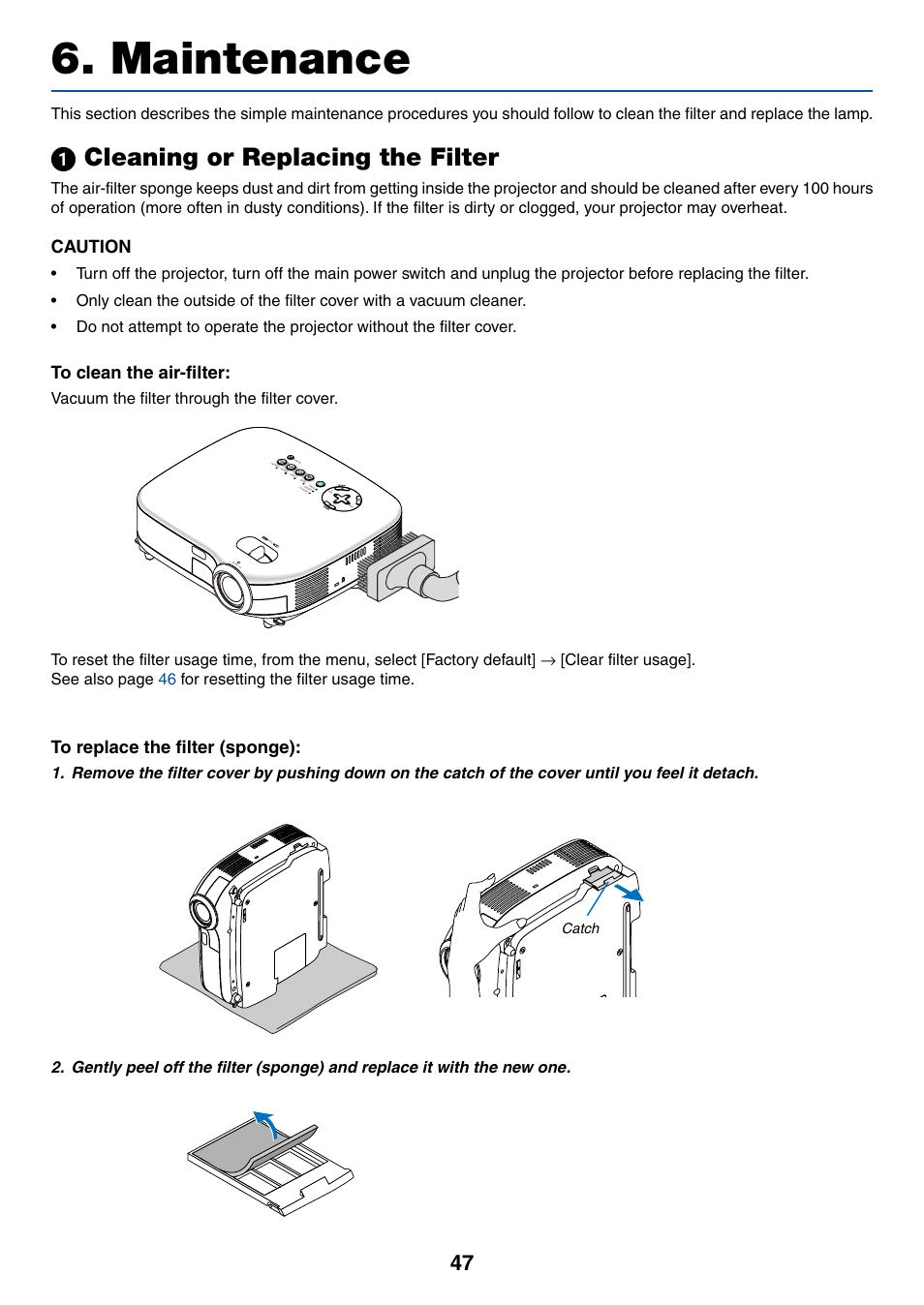 Maintenance, 1) cleaning or replacing the filter, ᕡ cleaning or replacing the filter | Entilation (inlet) / filter co, Caution, Vacuum the filter through the filter cover | Canon LV-7245 User Manual | Page 55 / 71