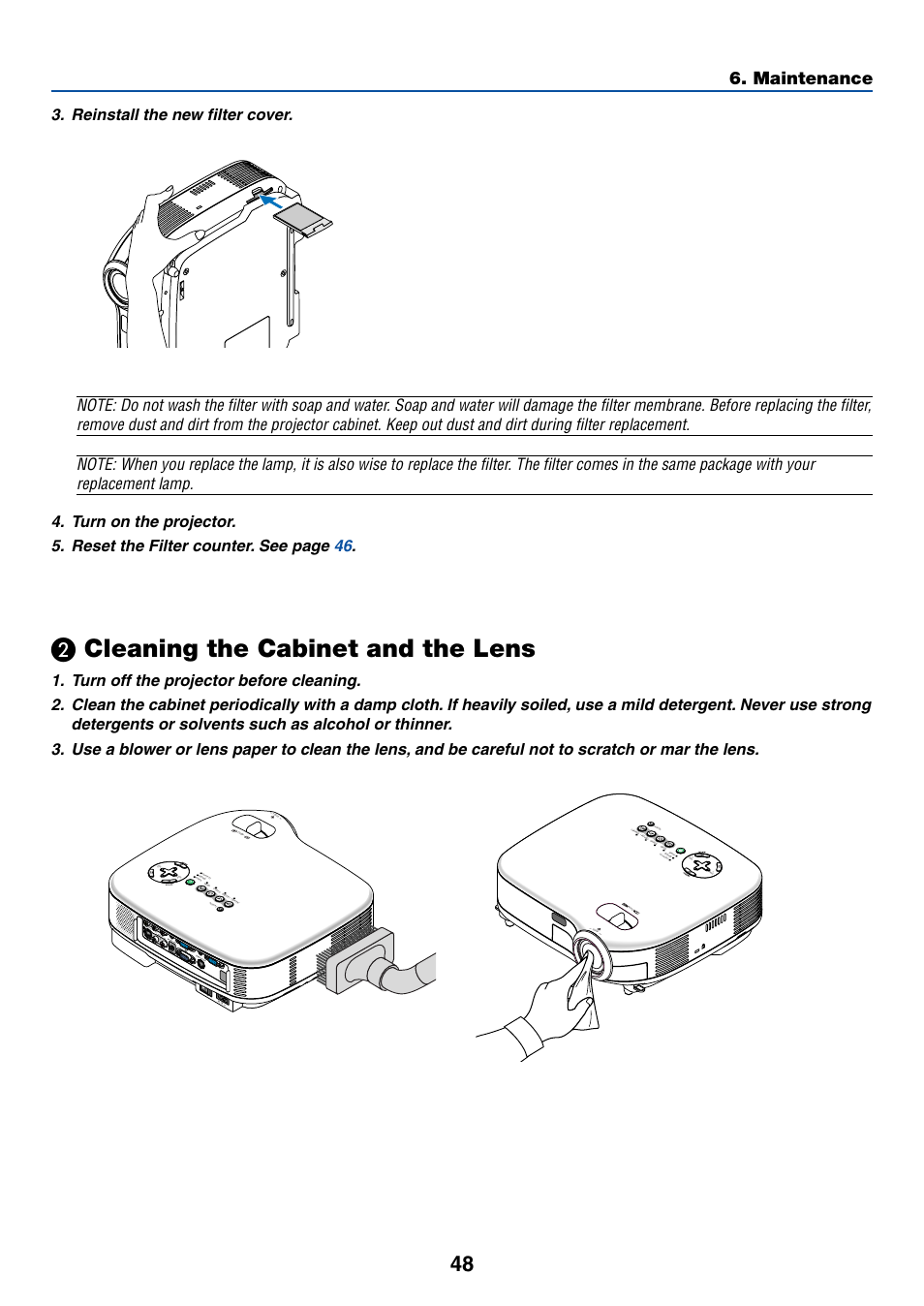 2) cleaning the cabinet and the lens, ᕢ cleaning the cabinet and the lens, Cleaning the cabinet and the lens | Maintenance, Wa rnin g lam p rep lace, Po w er, Wa rn in g lamp replace | Canon LV-7245 User Manual | Page 56 / 71