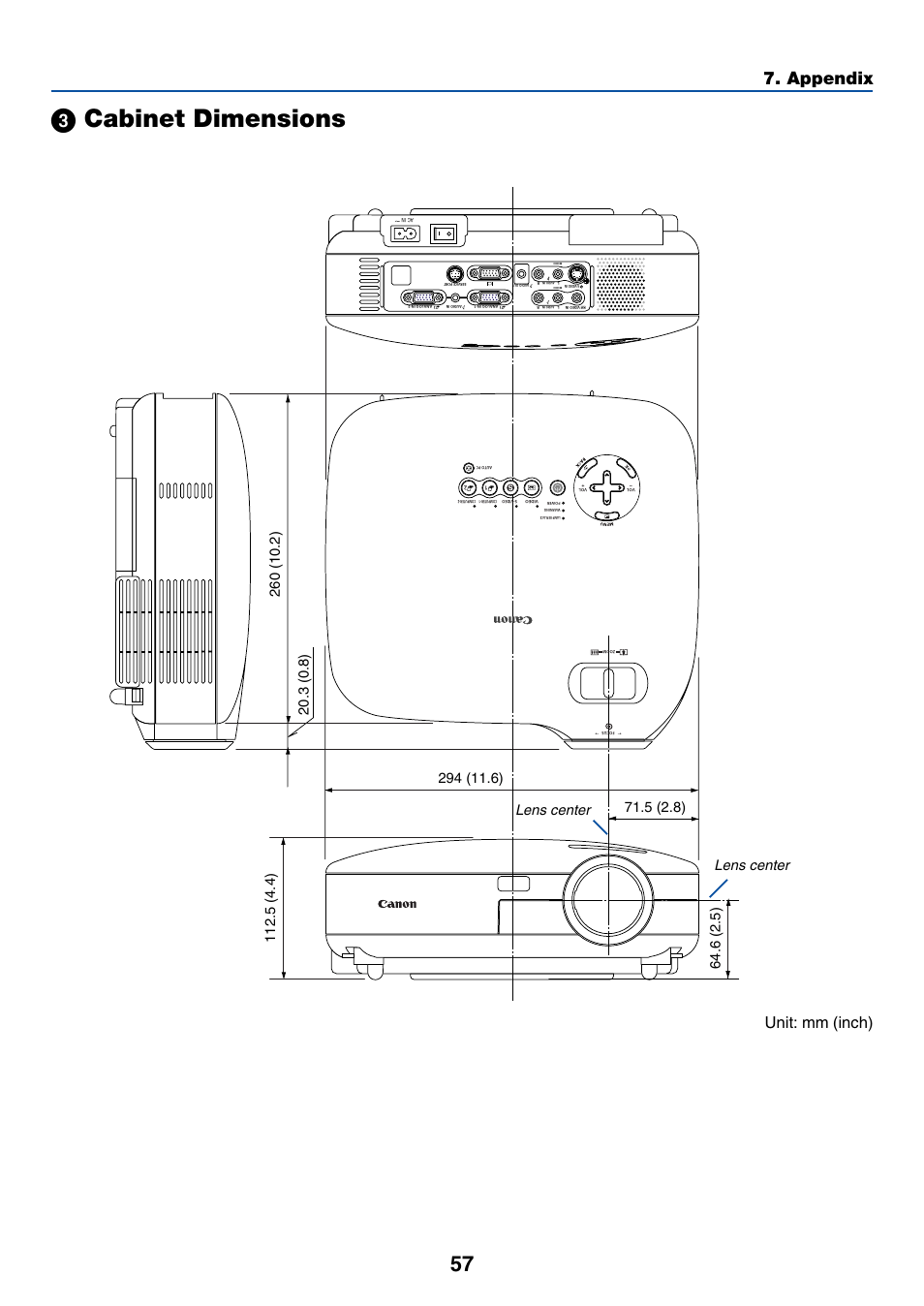 3) cabinet dimensions, ᕣ cabinet dimensions, Appendix | Unit: mm (inch), Lens center | Canon LV-7245 User Manual | Page 65 / 71