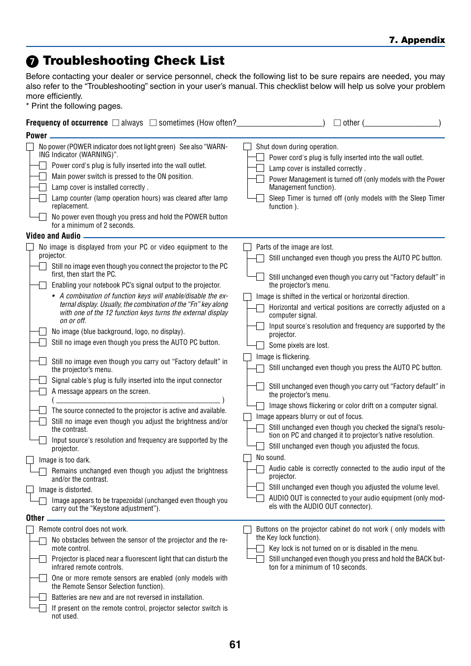 7) troubleshooting check list, ᕧ troubleshooting check list | Canon LV-7245 User Manual | Page 69 / 71