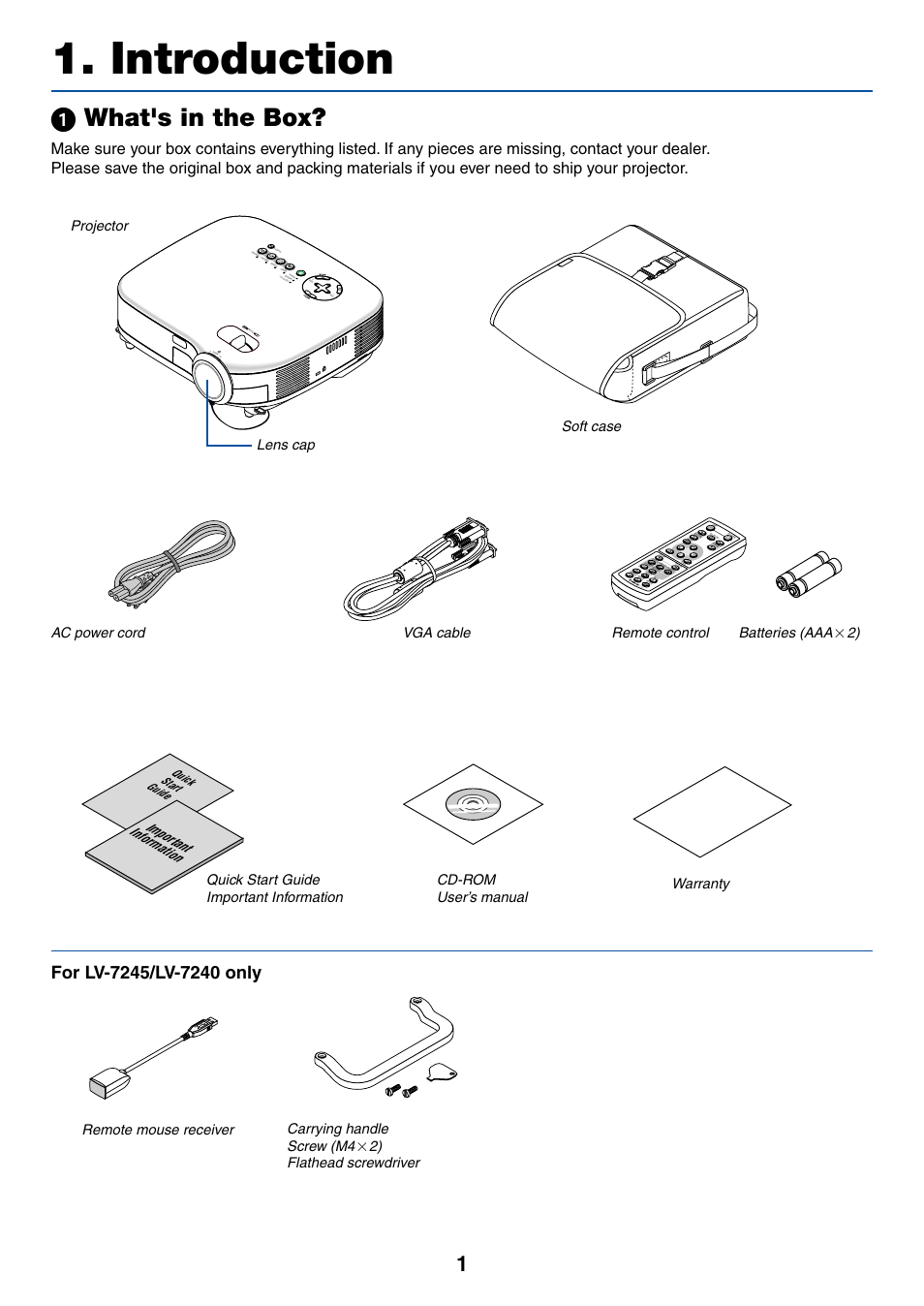 Introduction, 1) what's in the box, ᕡ what's in the box | Remote control batteries (aaa, 2) remote mouse receiver carrying handle screw (m4, 2) flathead screwdriver warranty, Po w er, Wa rn in g lam p r epl ac e, Rd-426e, Quick start guide | Canon LV-7245 User Manual | Page 9 / 71