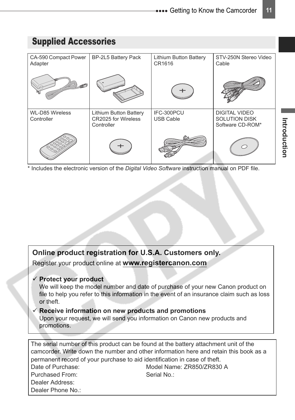 Getting to know the camcorder, Supplied accessories | Canon DIM-787 User Manual | Page 11 / 98