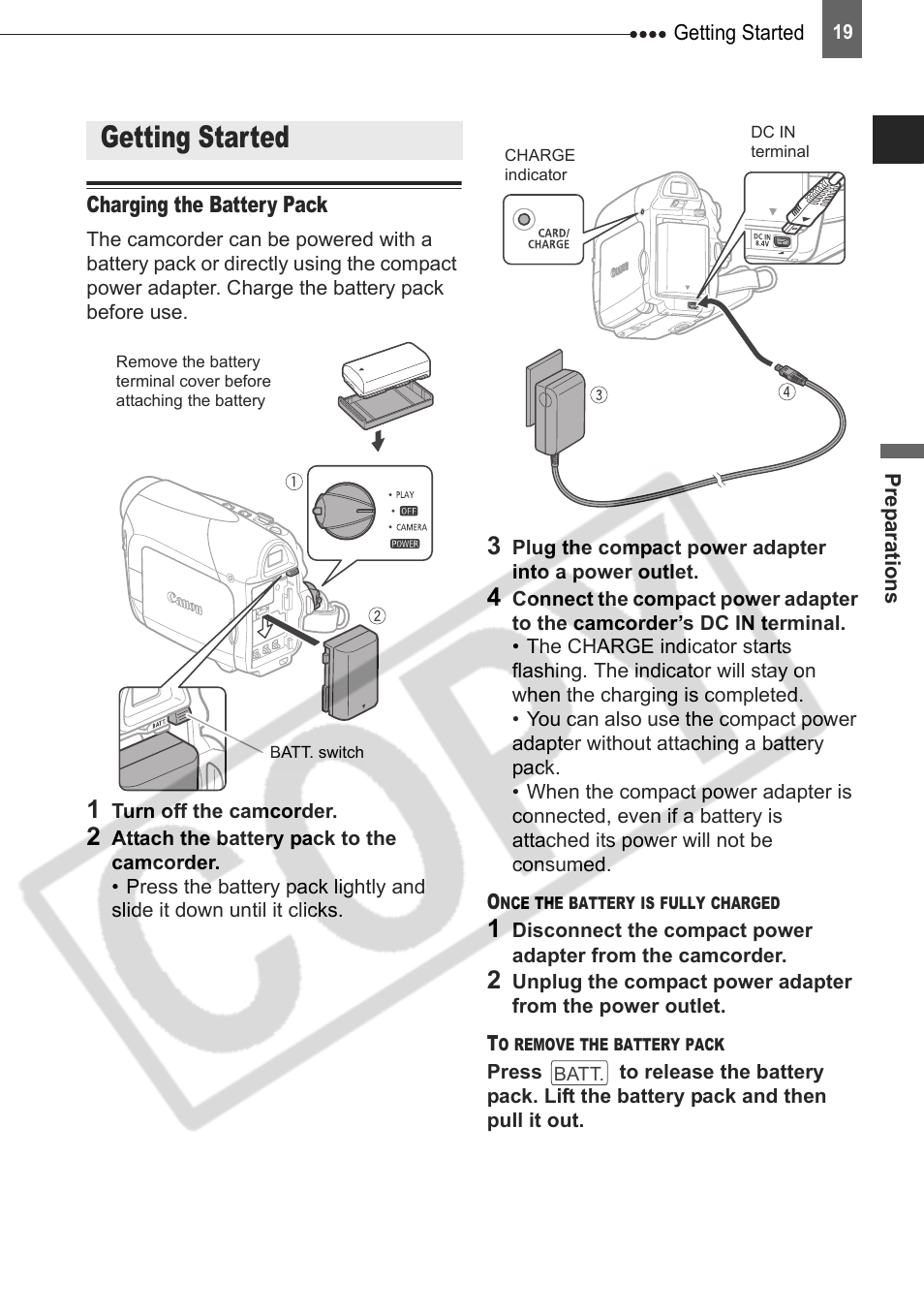 Preparations, Getting started, Charging the battery pack | Canon DIM-787 User Manual | Page 19 / 98
