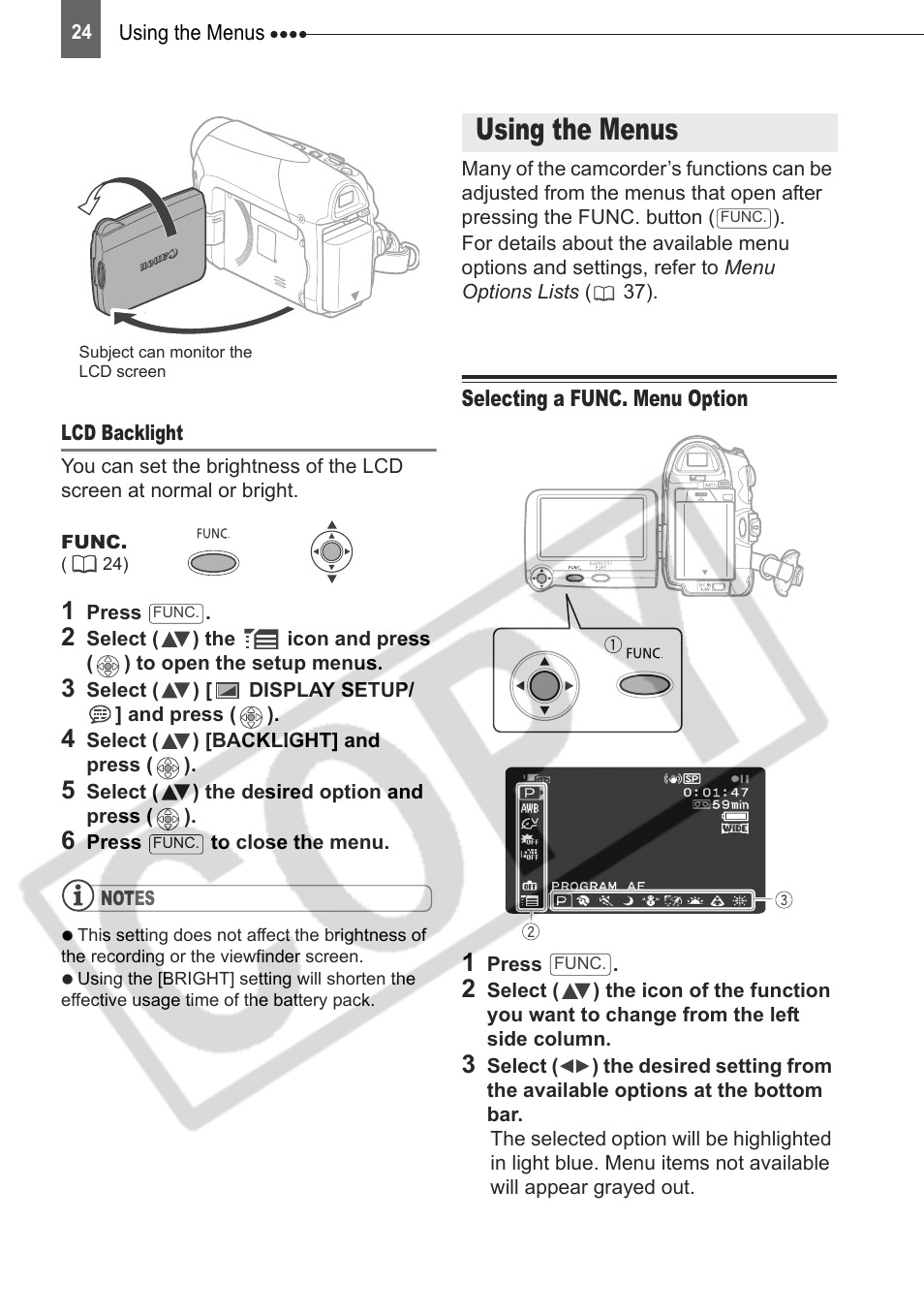 Using the menus, Selecting a func. menu option | Canon DIM-787 User Manual | Page 24 / 98