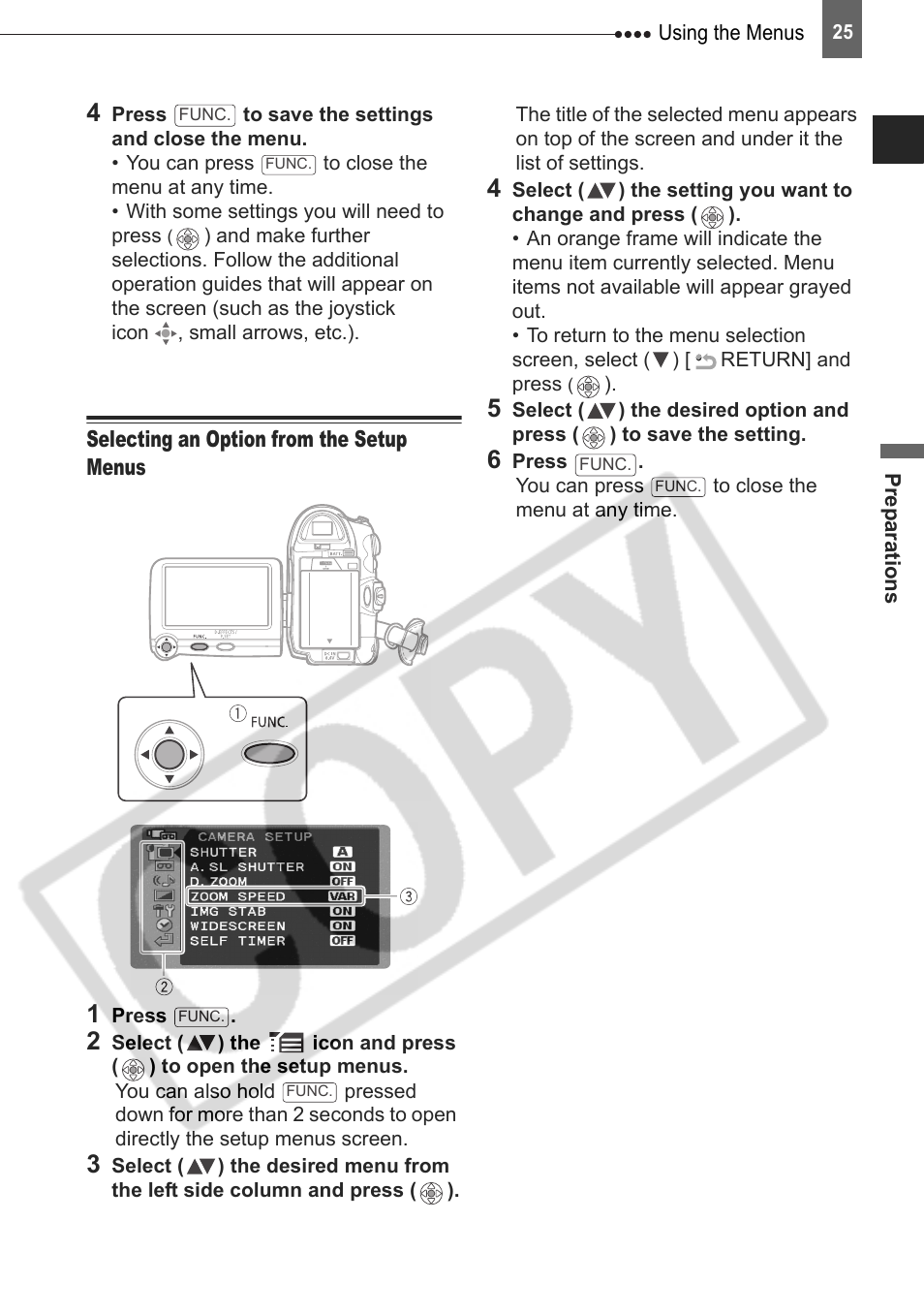 Selecting an option from the setup menus | Canon DIM-787 User Manual | Page 25 / 98