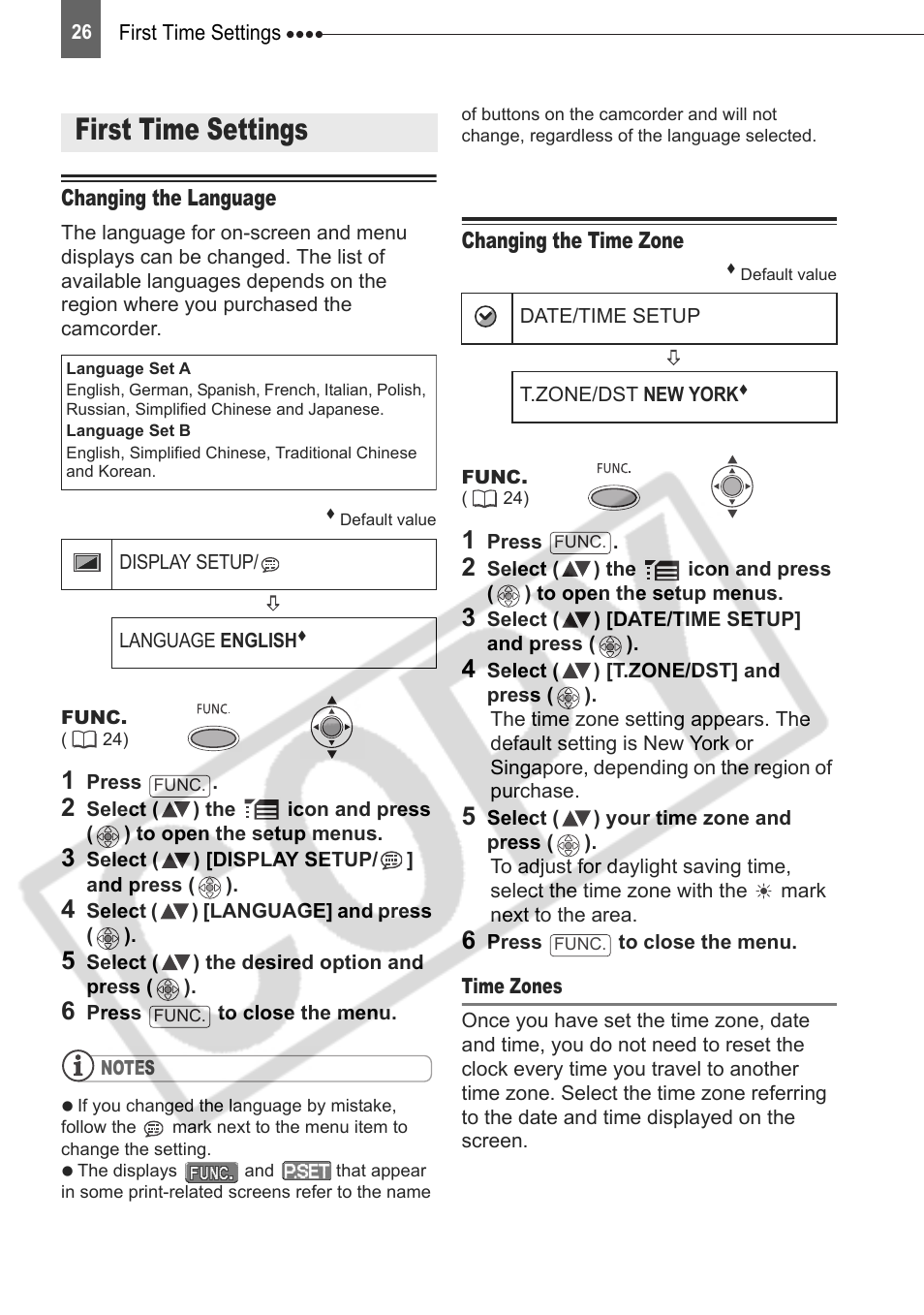 First time settings, Changing the language changing the time zone | Canon DIM-787 User Manual | Page 26 / 98