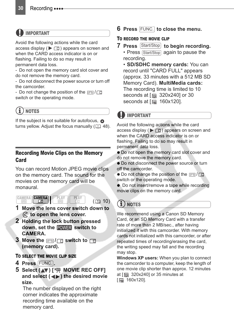 Recording movie clips on the memory card | Canon DIM-787 User Manual | Page 30 / 98