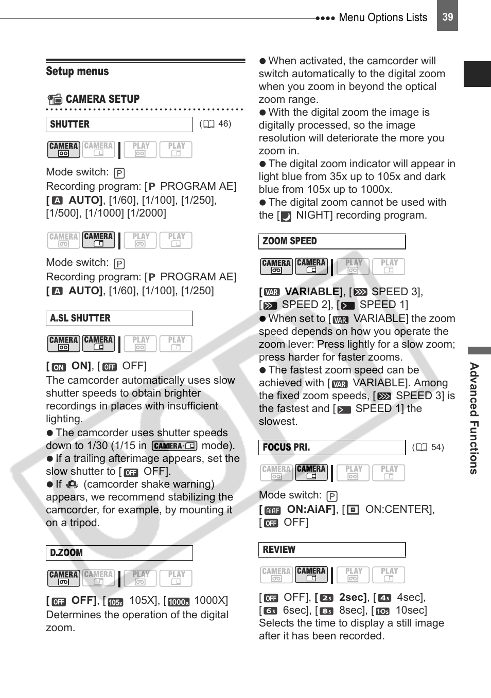 Setup menus | Canon DIM-787 User Manual | Page 39 / 98