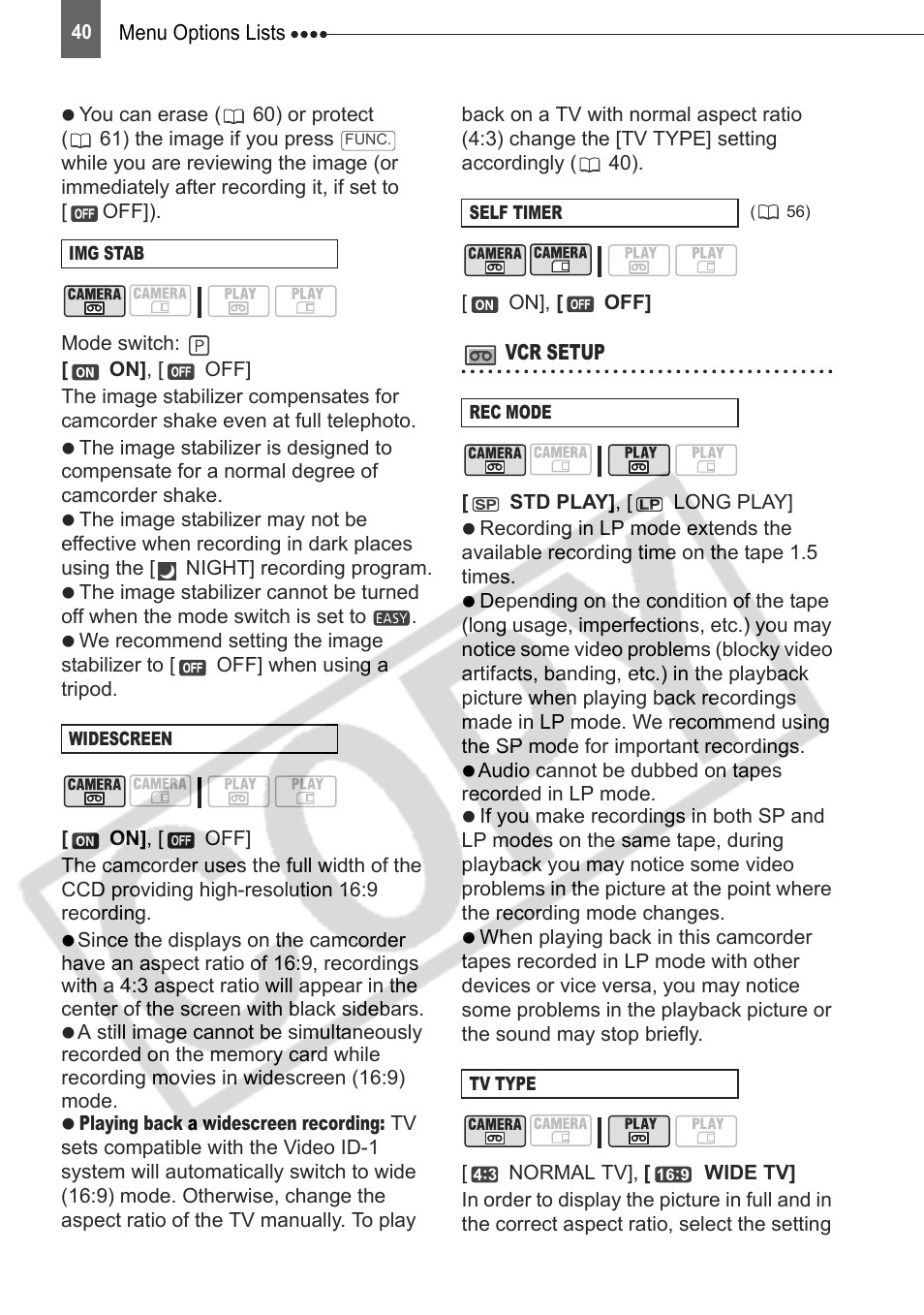 Vcr setup (recording mode, tv type, etc.) | Canon DIM-787 User Manual | Page 40 / 98
