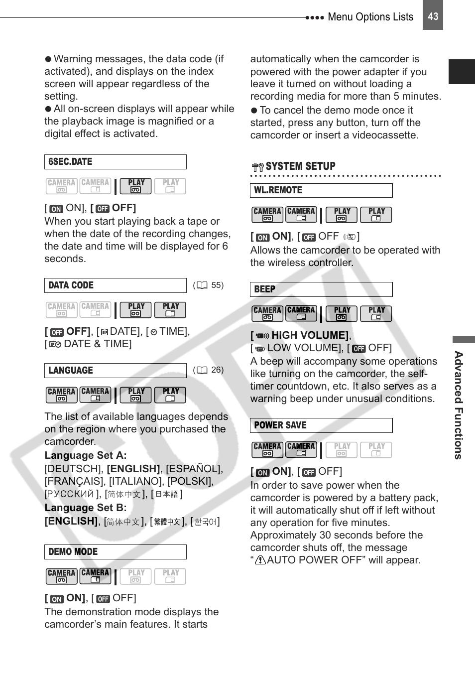System setup (beep, etc.) | Canon DIM-787 User Manual | Page 43 / 98