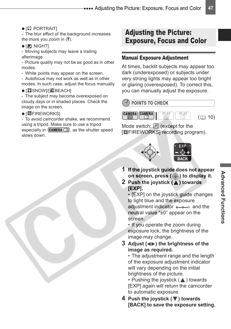 Adjusting the picture: exposure, focus and color, Manual exposure adjustment | Canon DIM-787 User Manual | Page 47 / 98