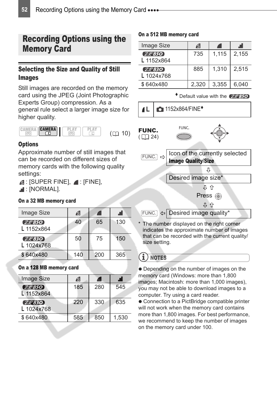 Recording options using the memory card, Selecting the size and quality of still images | Canon DIM-787 User Manual | Page 52 / 98