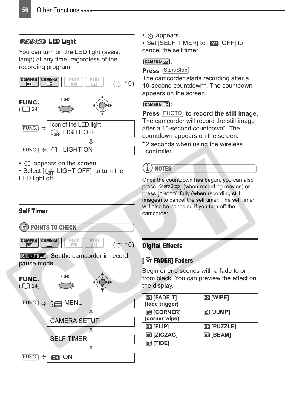Led light, Self timer digital effects, Self timer | Digital effects | Canon DIM-787 User Manual | Page 56 / 98
