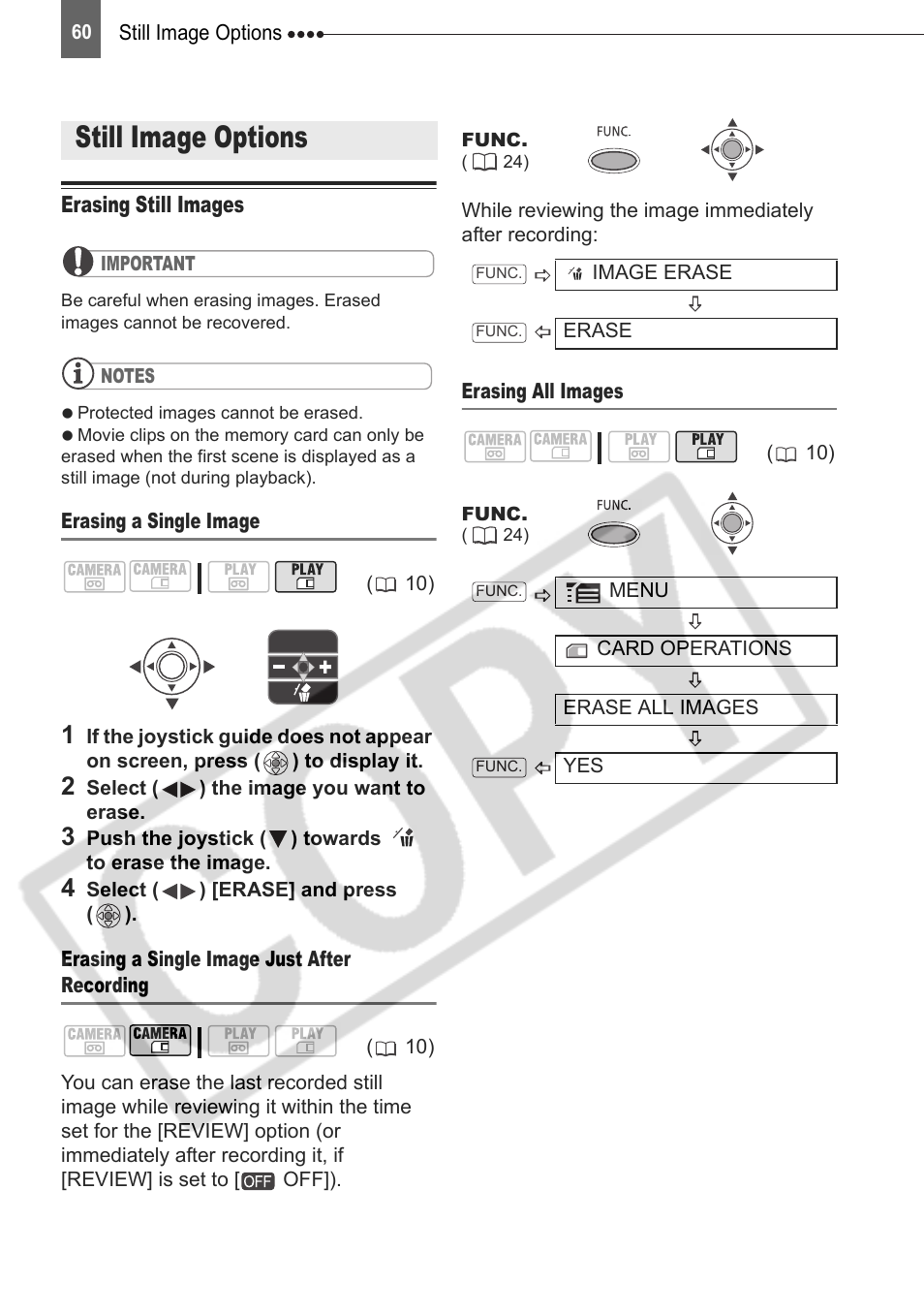 Editing functions, Still image options, Erasing still images | 60) o | Canon DIM-787 User Manual | Page 60 / 98