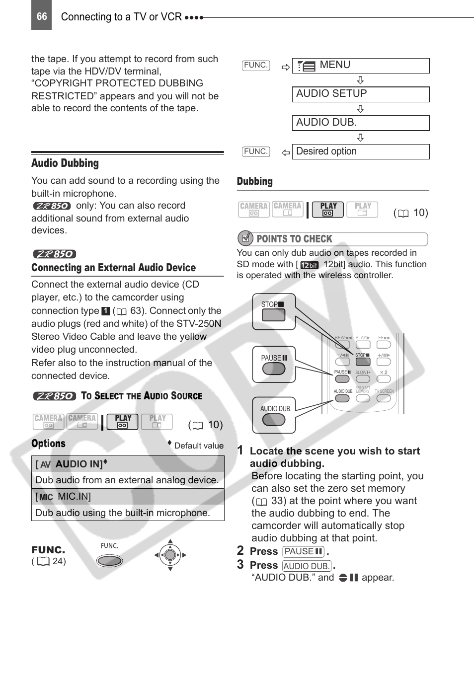 Audio dubbing, Connecting to a tv or vcr, Connecting an external audio device | Options, Dubbing | Canon DIM-787 User Manual | Page 66 / 98