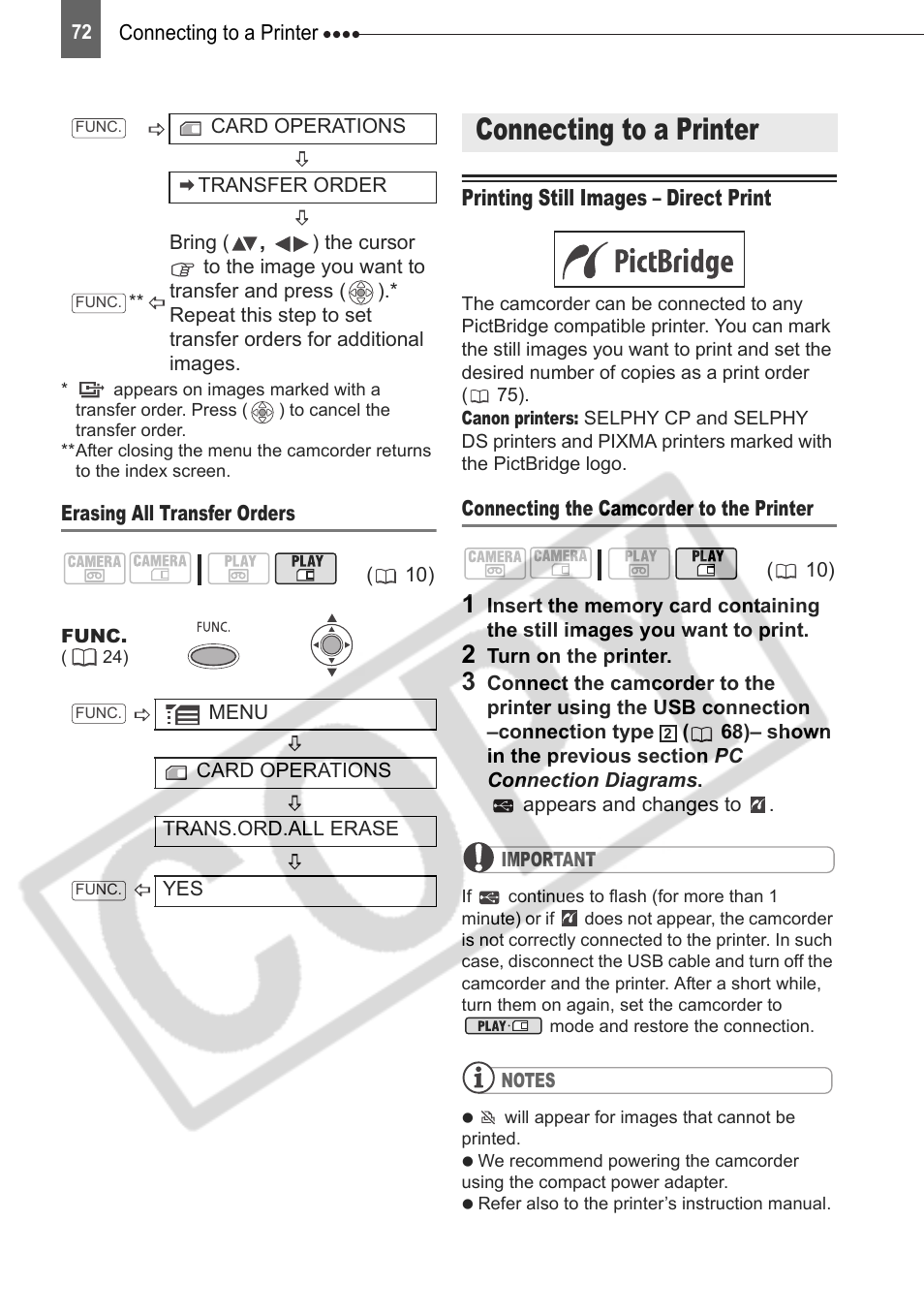 Connecting to a printer, Printing still images – direct print | Canon DIM-787 User Manual | Page 72 / 98