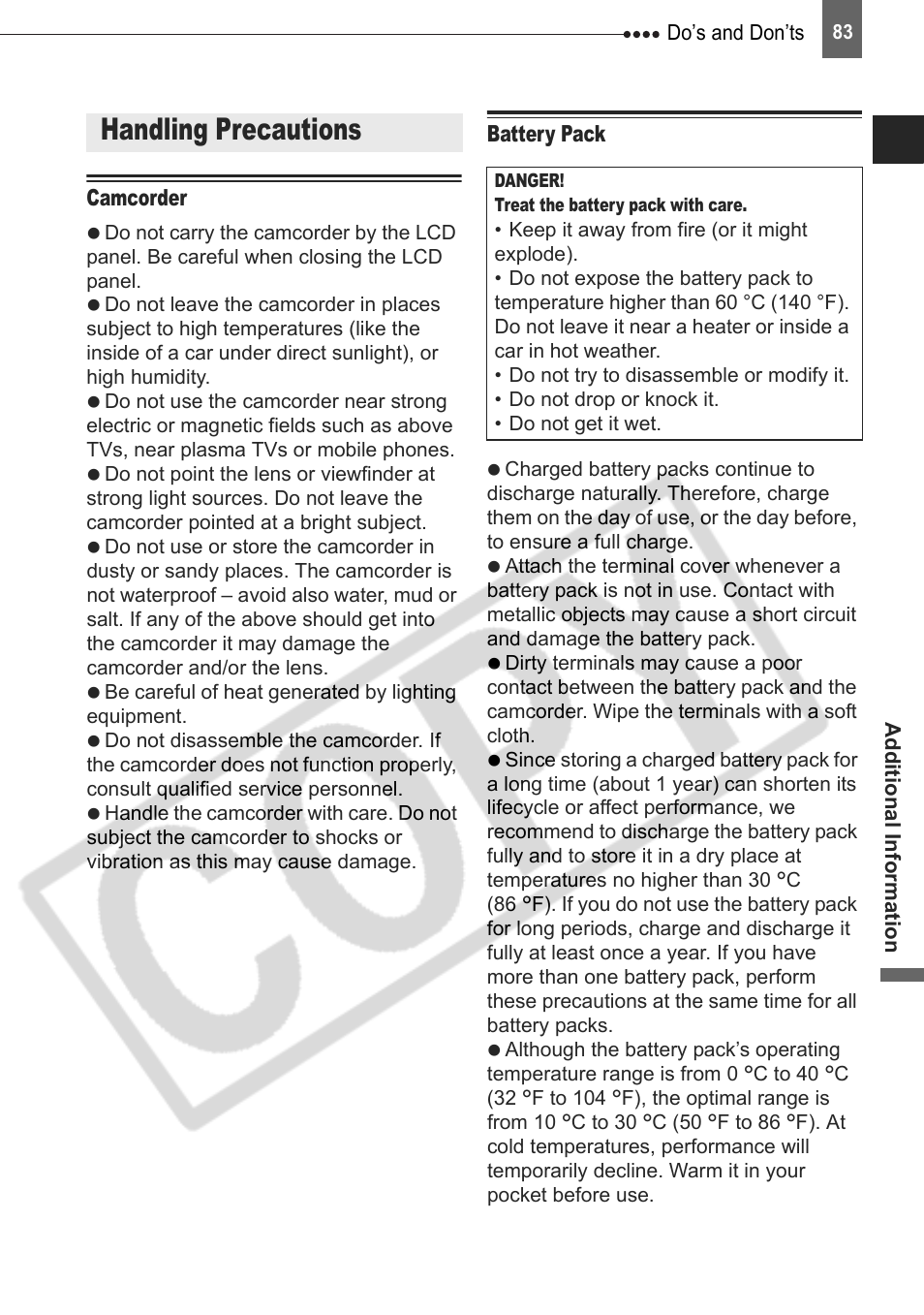 Do’s and don’ts, Camcorder, Battery pack | Handling precautions | Canon DIM-787 User Manual | Page 83 / 98