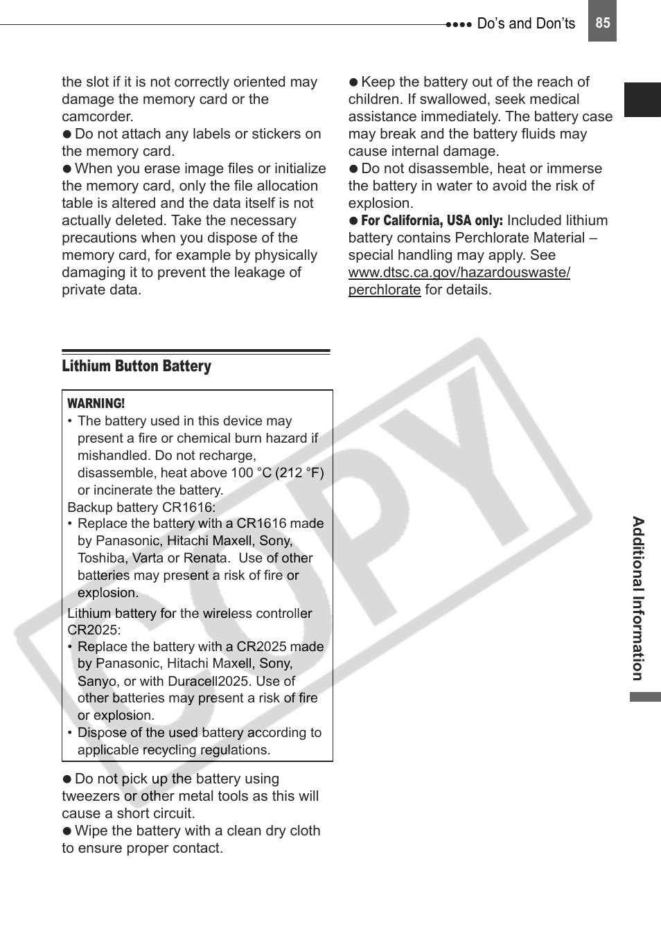 Lithium button battery | Canon DIM-787 User Manual | Page 85 / 98