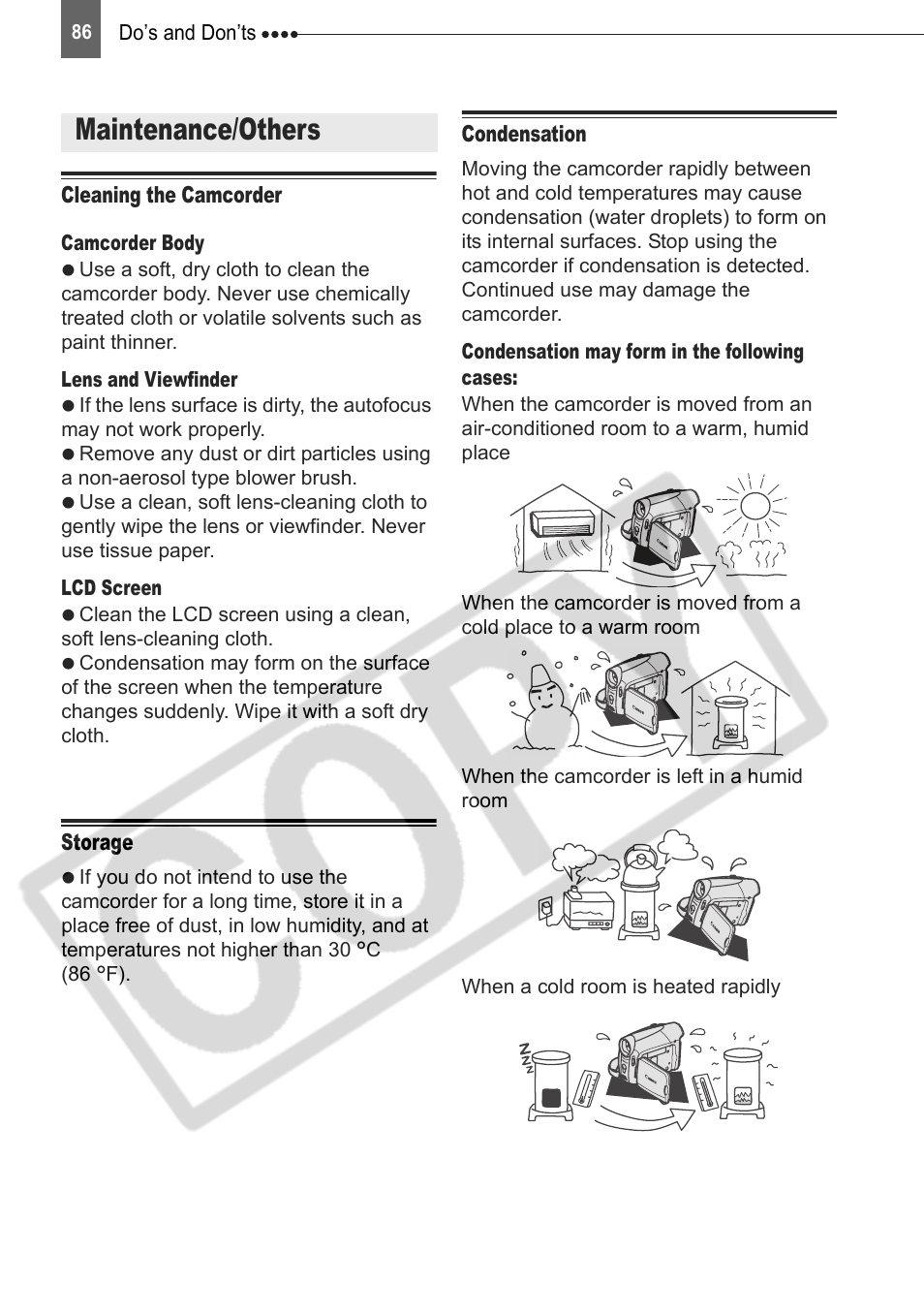 Cleaning the camcorder, Storage, Condensation | Maintenance/others | Canon DIM-787 User Manual | Page 86 / 98