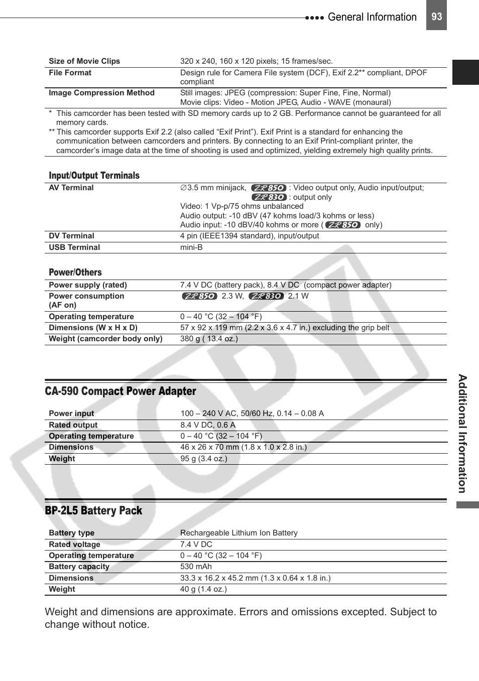 Ca-590 compact power adapter, Bp-2l5 battery pack, General information | Ad di tio na l in fo rm at io n | Canon DIM-787 User Manual | Page 93 / 98