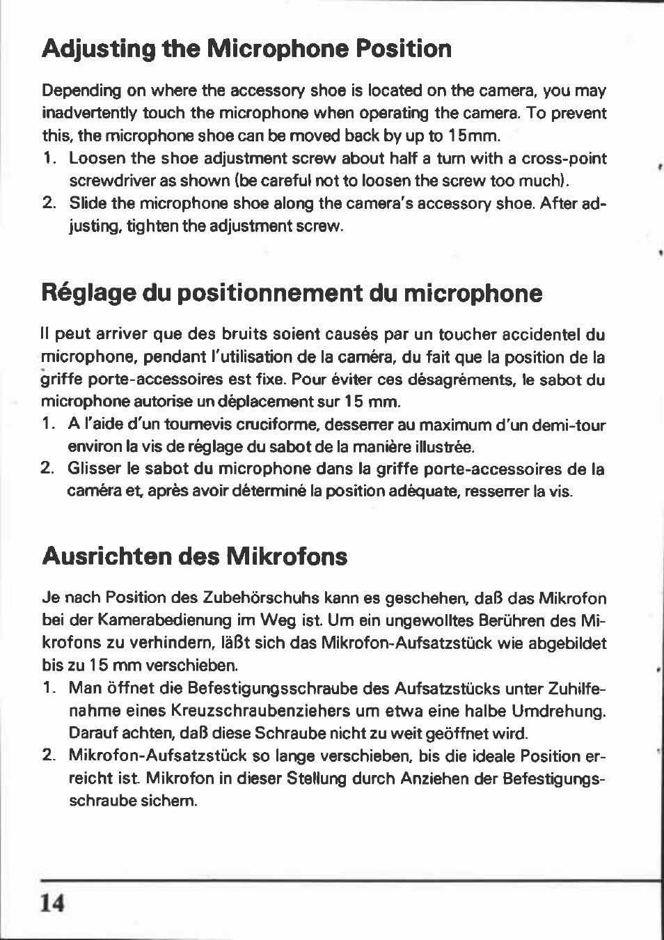 Réglage du positionnement du microphone, Ausrichten des mikrofons, Adjusting the m icrophone position | Canon DM-100 User Manual | Page 14 / 20