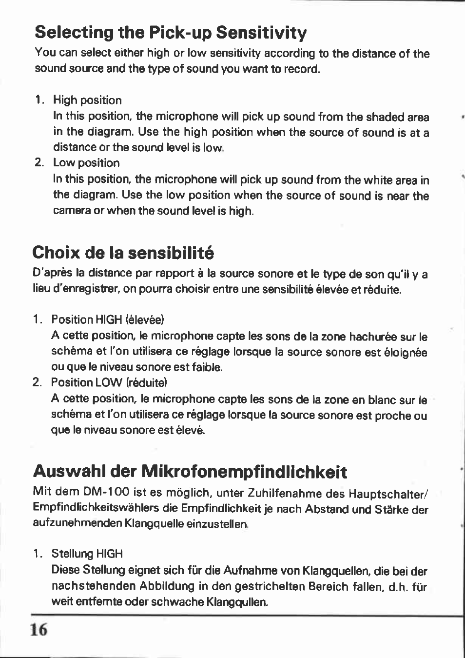 Selecting the pick-up sensitivity, Choix de la sensibilité, Auswahl der mikrofonempfindlichkeit | Canon DM-100 User Manual | Page 16 / 20