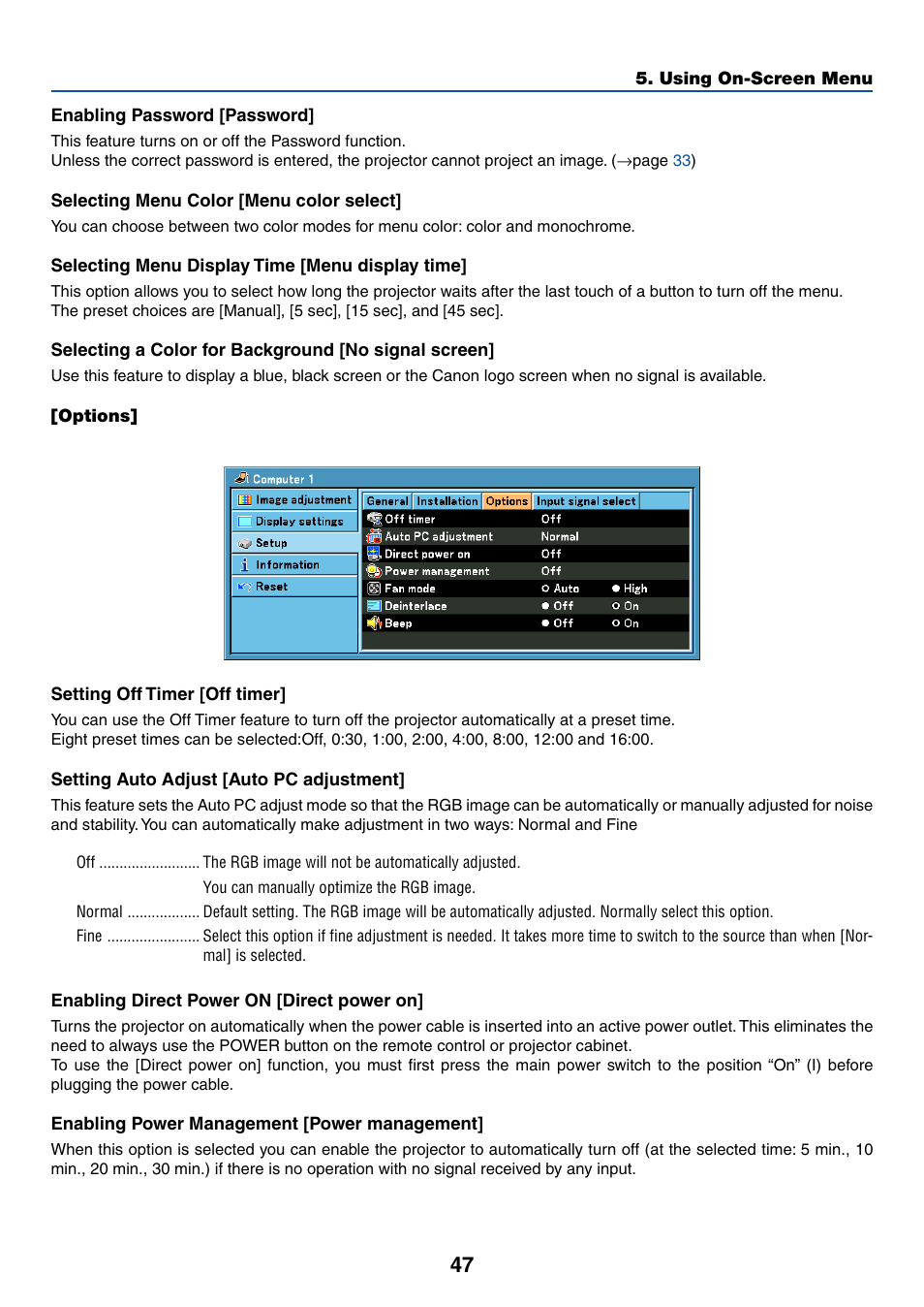 Enabling password [password, Selecting menu color [menu color select, Selecting menu display time [menu display time | Selecting a color for background [no signal screen, Options, Setting off timer [off timer, Setting auto adjust [auto pc adjustment, Enabling direct power on [direct power on, Enabling power management [power management | Canon LV-X6 User Manual | Page 56 / 77