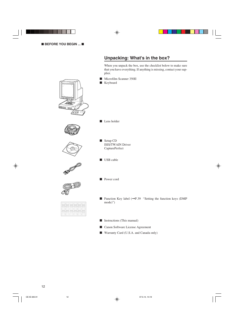 Unpacking: what's in the box | Canon 350II User Manual | Page 14 / 62