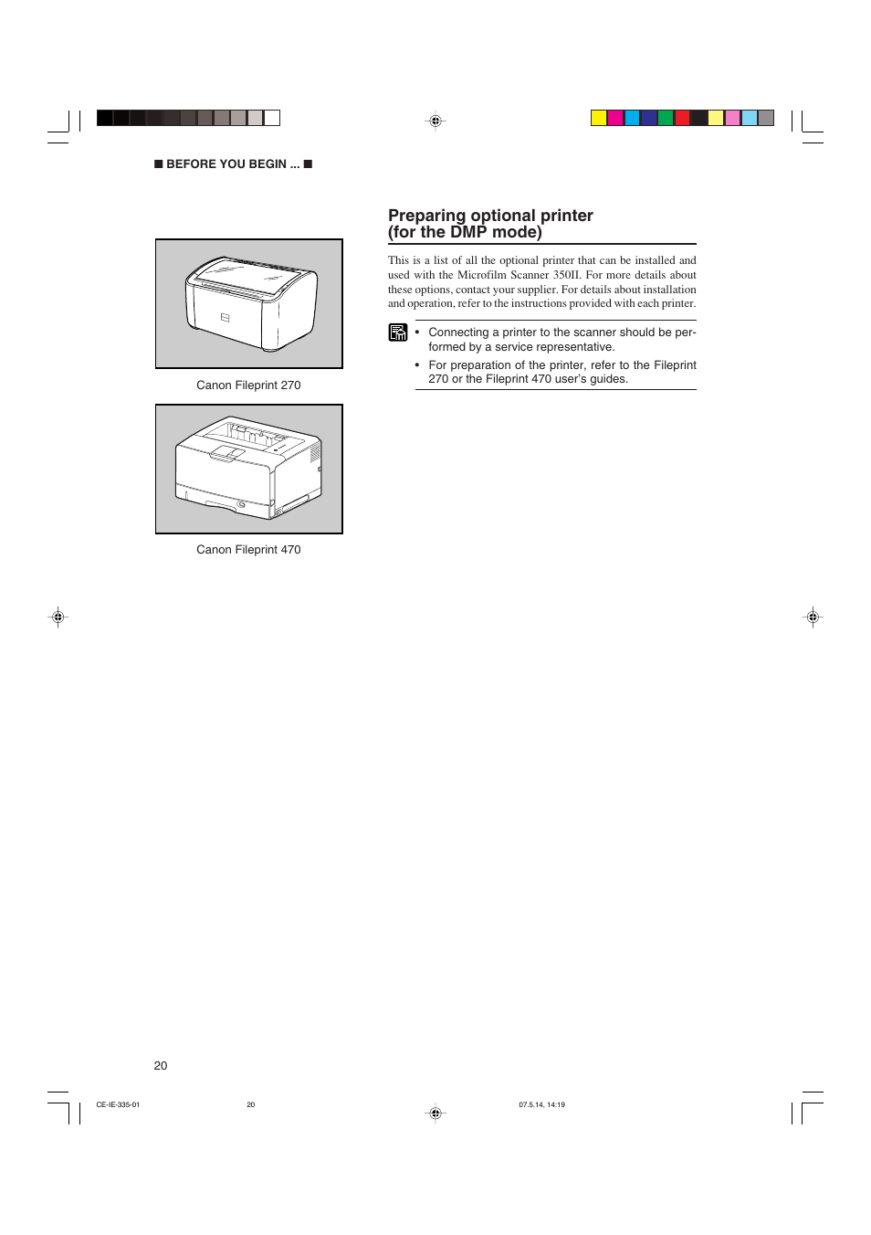 Preparing optional printer (for the dmp mode) | Canon 350II User Manual | Page 22 / 62