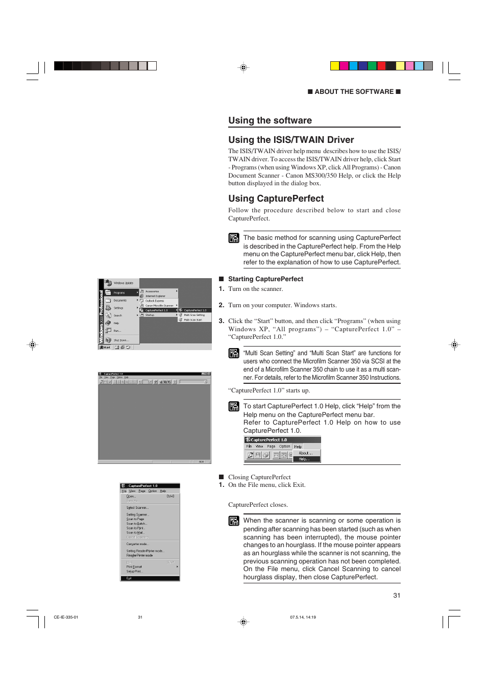 Using the software using the isis/twain driver, Using captureperfect | Canon 350II User Manual | Page 33 / 62