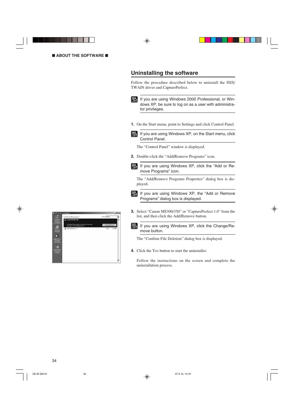 Uninstalling the software | Canon 350II User Manual | Page 36 / 62