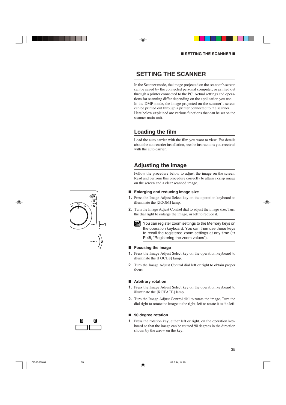 Setting the scanner, Loading the film, Adjusting the image | Canon 350II User Manual | Page 37 / 62