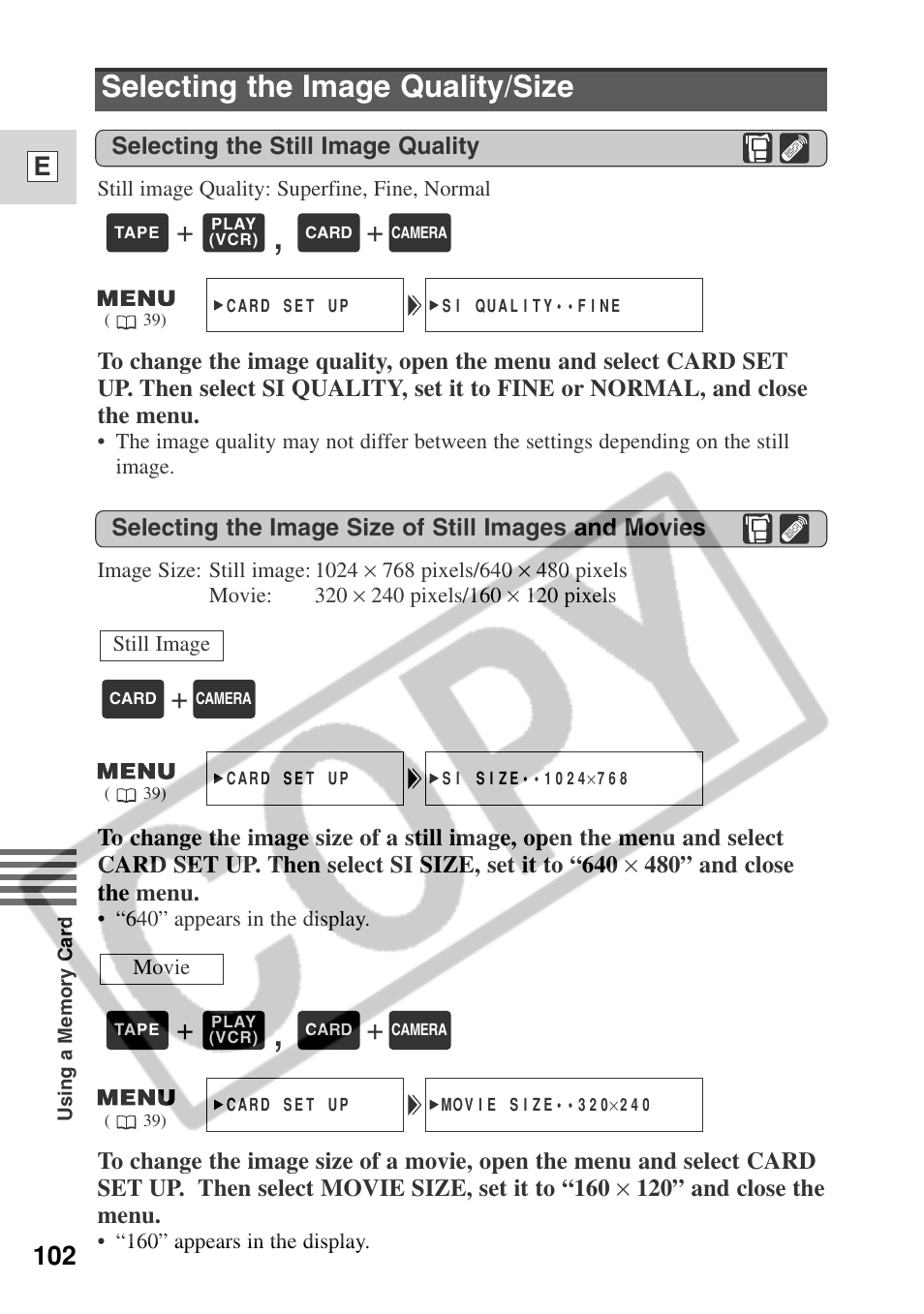 Selecting the image quality/size, 102 e | Canon ELURA 50 User Manual | Page 102 / 174