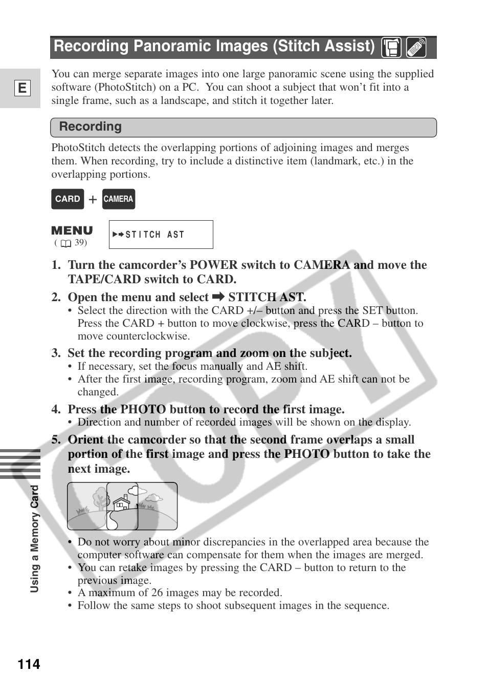 Recording panoramic images (stitch assist), 114 e | Canon ELURA 50 User Manual | Page 114 / 174