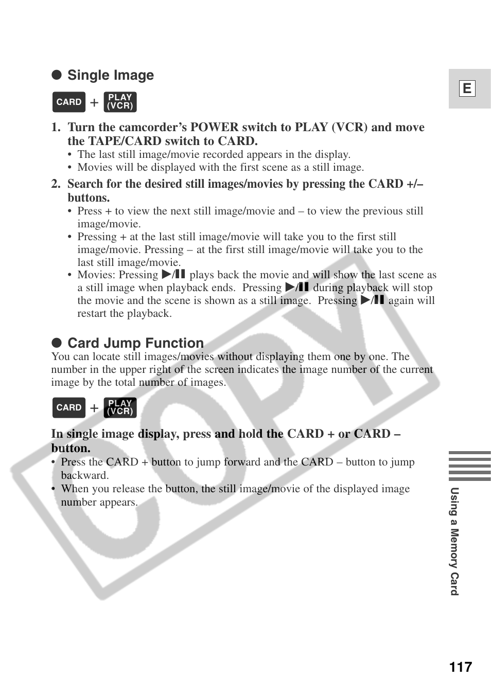 117 e, Single image, Card jump function | Canon ELURA 50 User Manual | Page 117 / 174