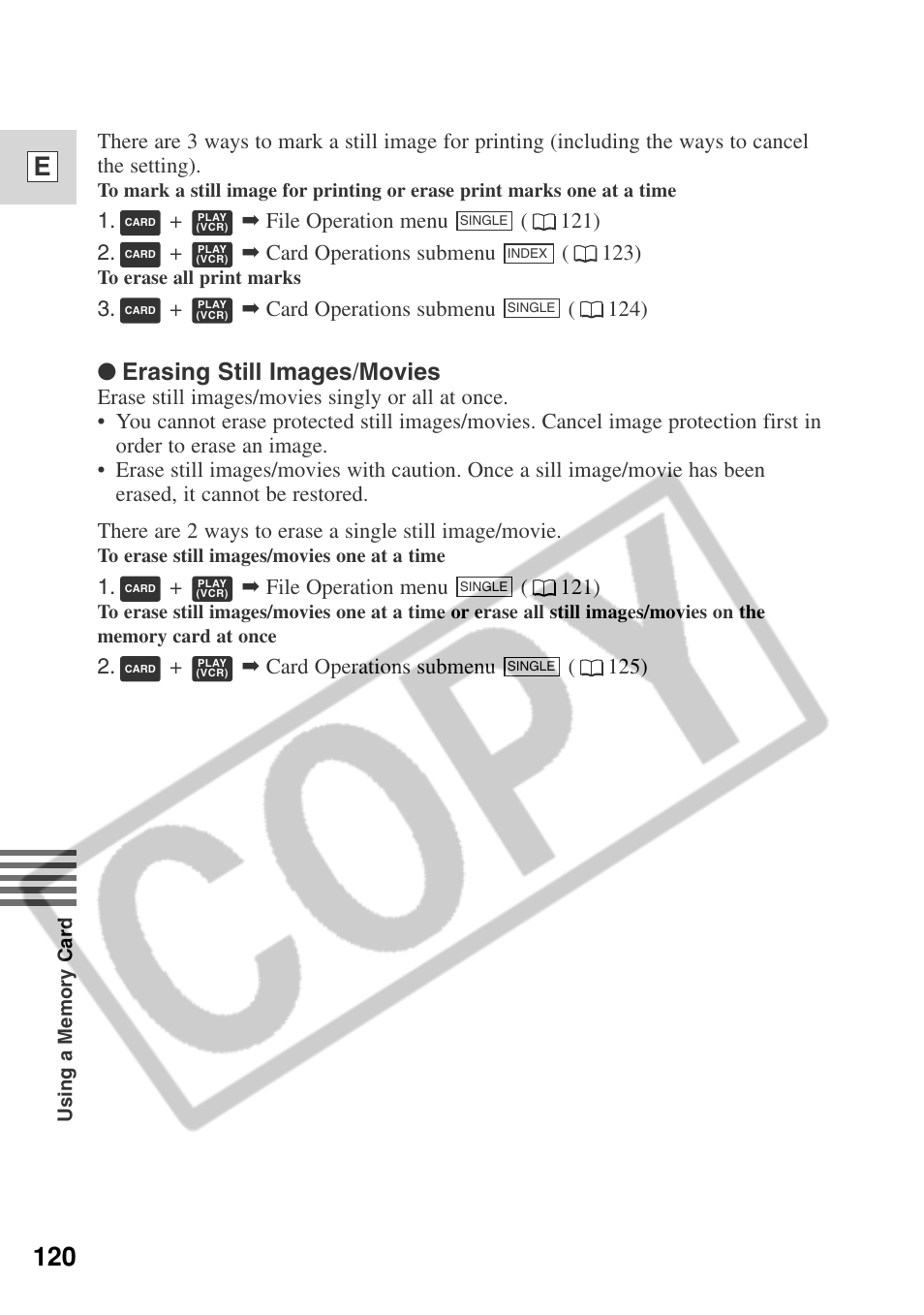 120 e, Erasing still images/movies, + ➡ card operations submenu ( 124) | + ➡ file operation menu ( 121), + ➡ card operations submenu ( 125) | Canon ELURA 50 User Manual | Page 120 / 174