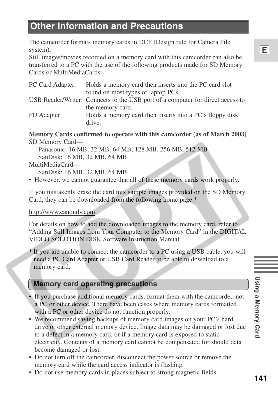 Other information and precautions, 141 e | Canon ELURA 50 User Manual | Page 141 / 174