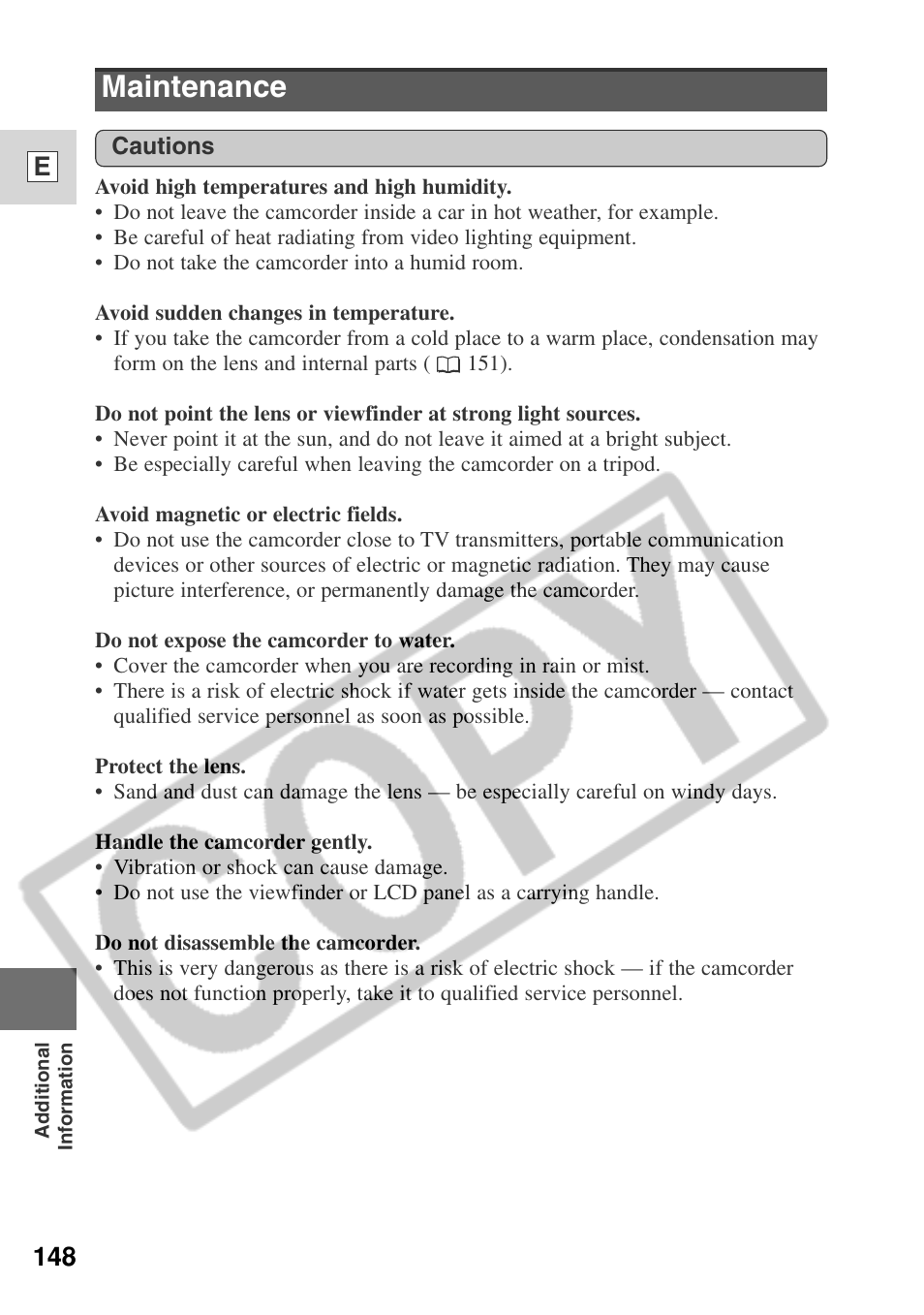 Maintenance, 148 e | Canon ELURA 50 User Manual | Page 148 / 174