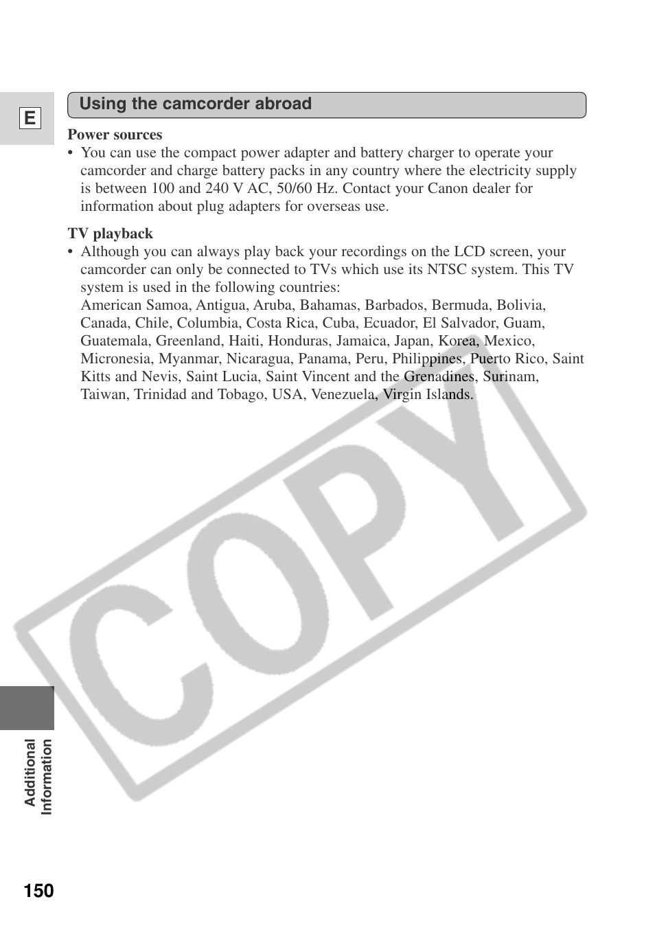 150 e | Canon ELURA 50 User Manual | Page 150 / 174