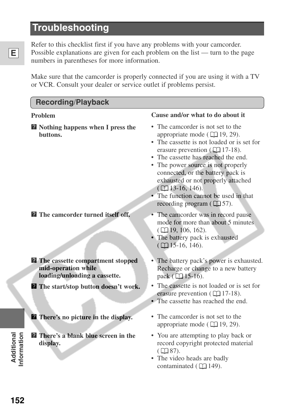 Troubleshooting, 152 e | Canon ELURA 50 User Manual | Page 152 / 174