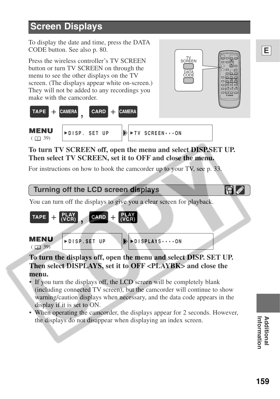 Screen displays, 159 e | Canon ELURA 50 User Manual | Page 159 / 174