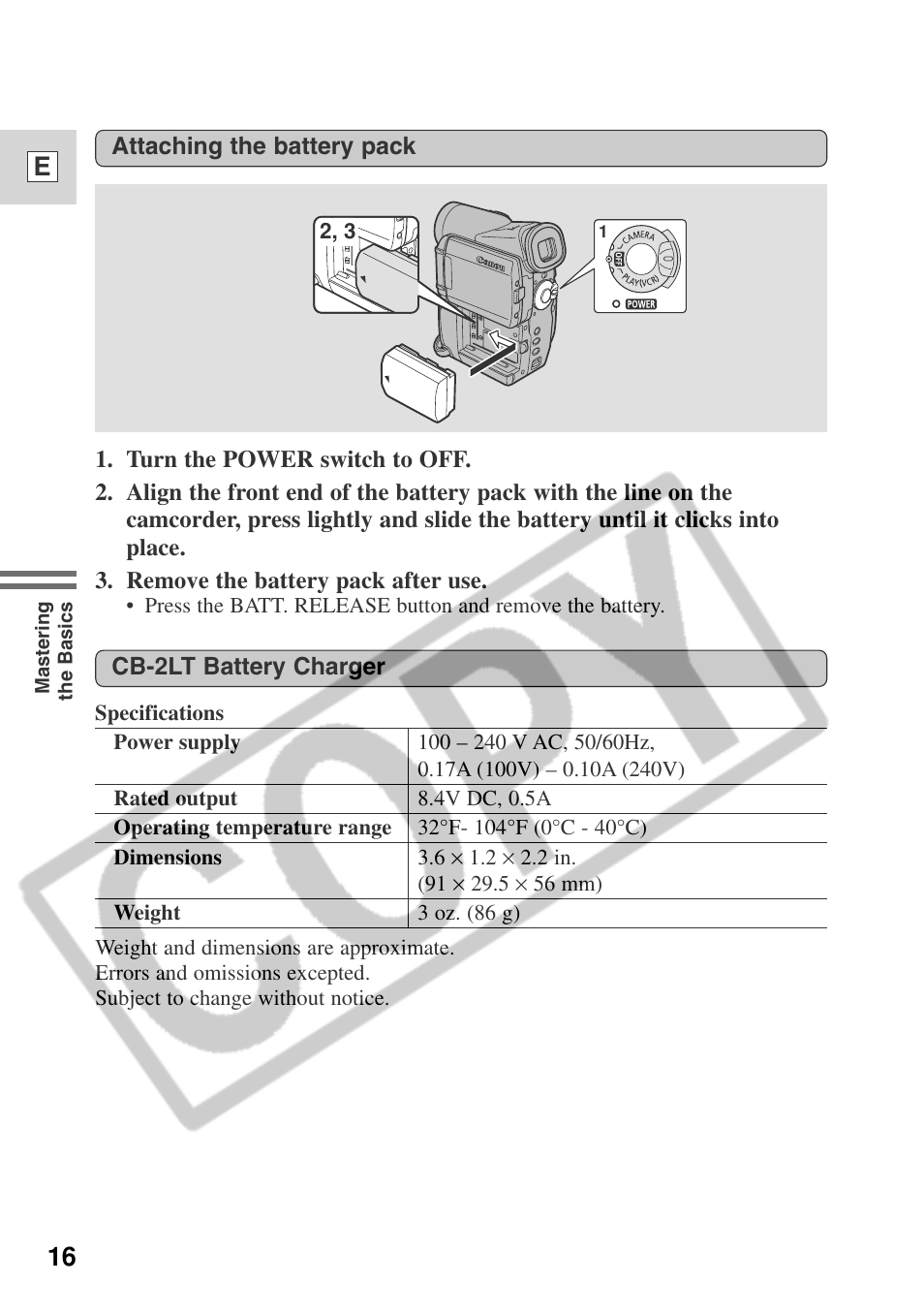 16 e | Canon ELURA 50 User Manual | Page 16 / 174