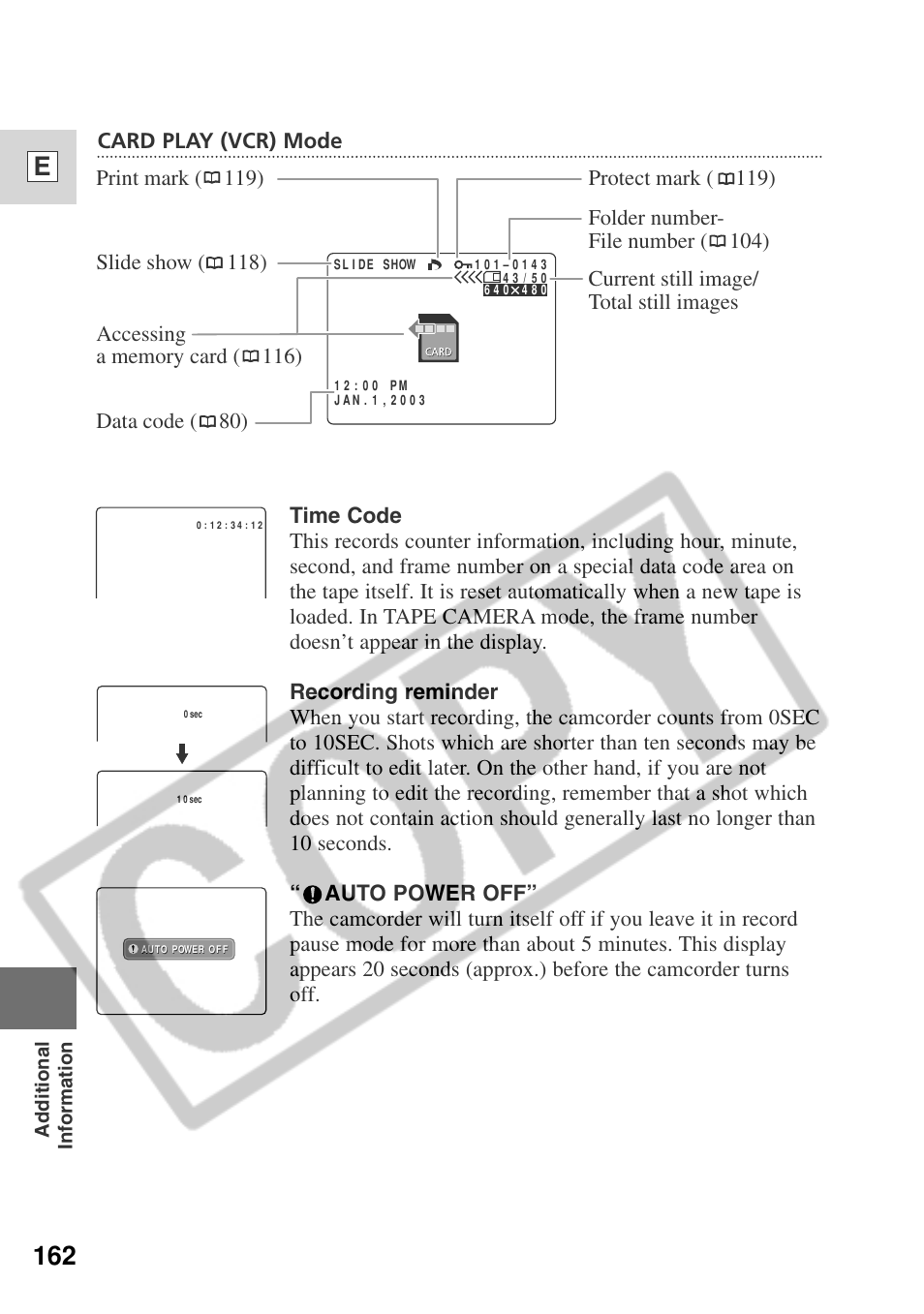 162 e, Card play (vcr) mode | Canon ELURA 50 User Manual | Page 162 / 174