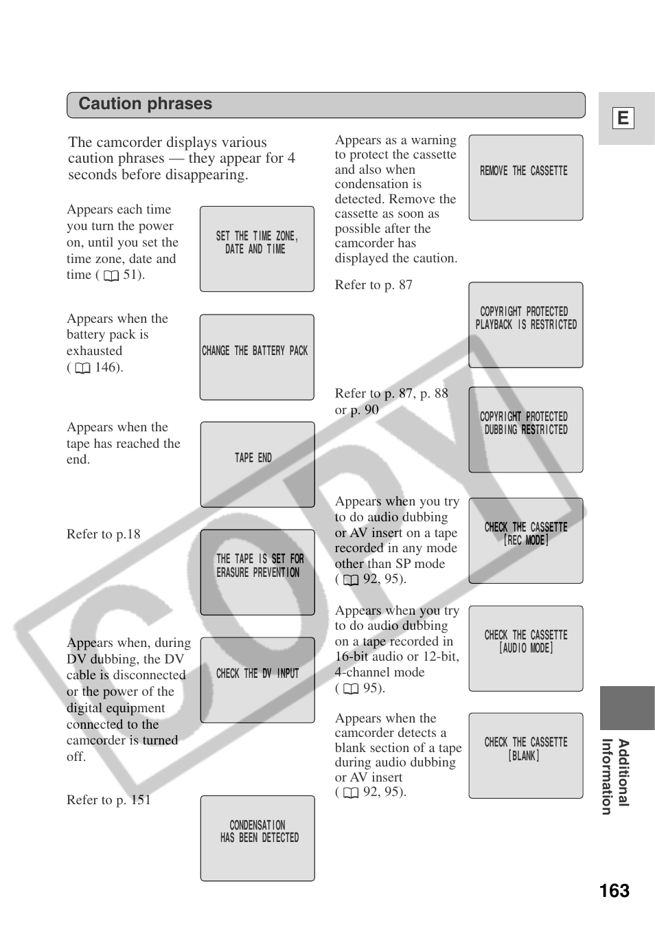 163 e, Caution phrases | Canon ELURA 50 User Manual | Page 163 / 174