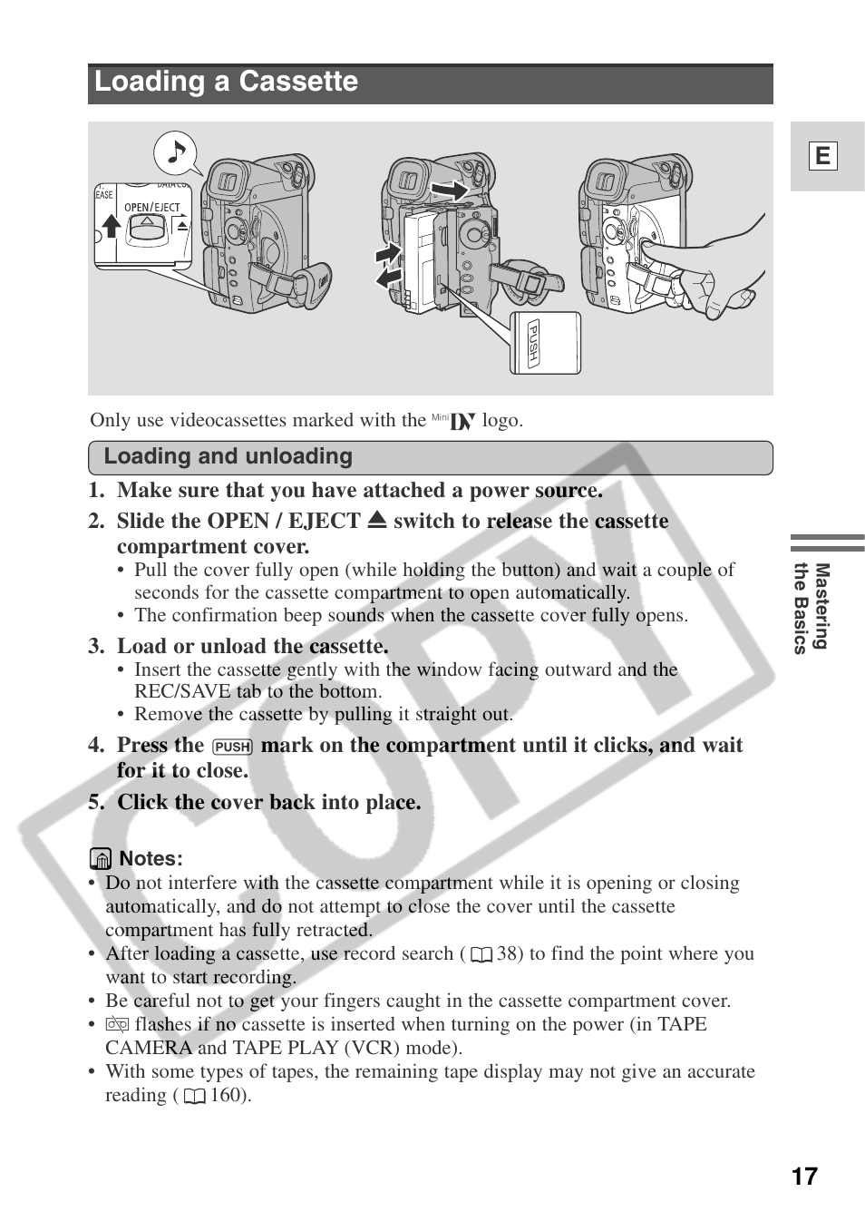 Loading a cassette, 17 e | Canon ELURA 50 User Manual | Page 17 / 174