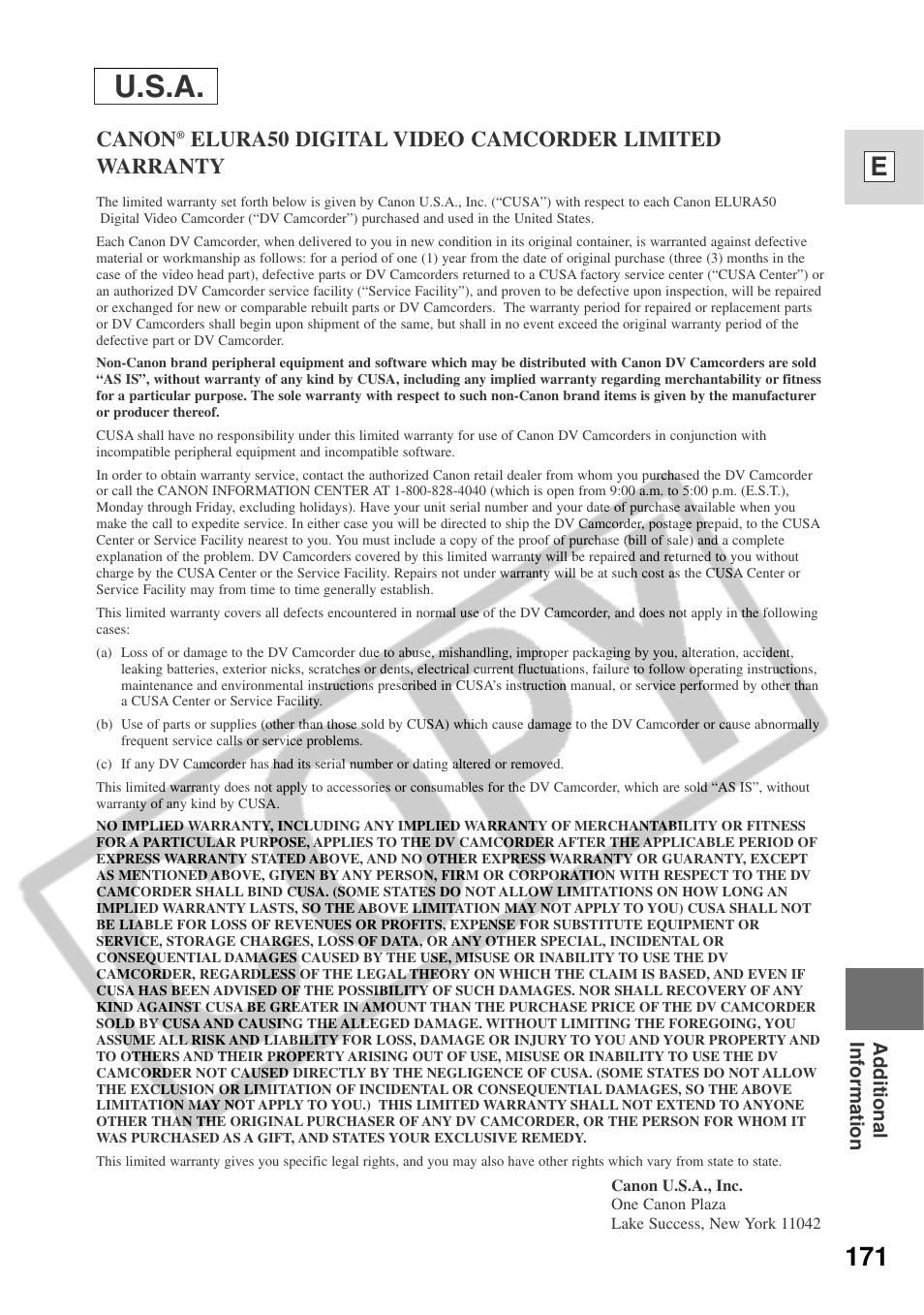 U.s.a, 171 e, Canon | Elura50 digital video camcorder limited warranty | Canon ELURA 50 User Manual | Page 171 / 174