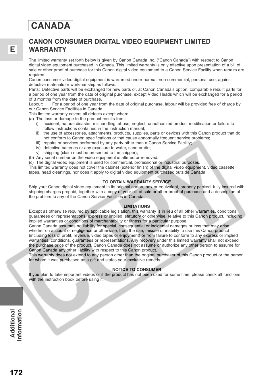 Canada, 172 e | Canon ELURA 50 User Manual | Page 172 / 174