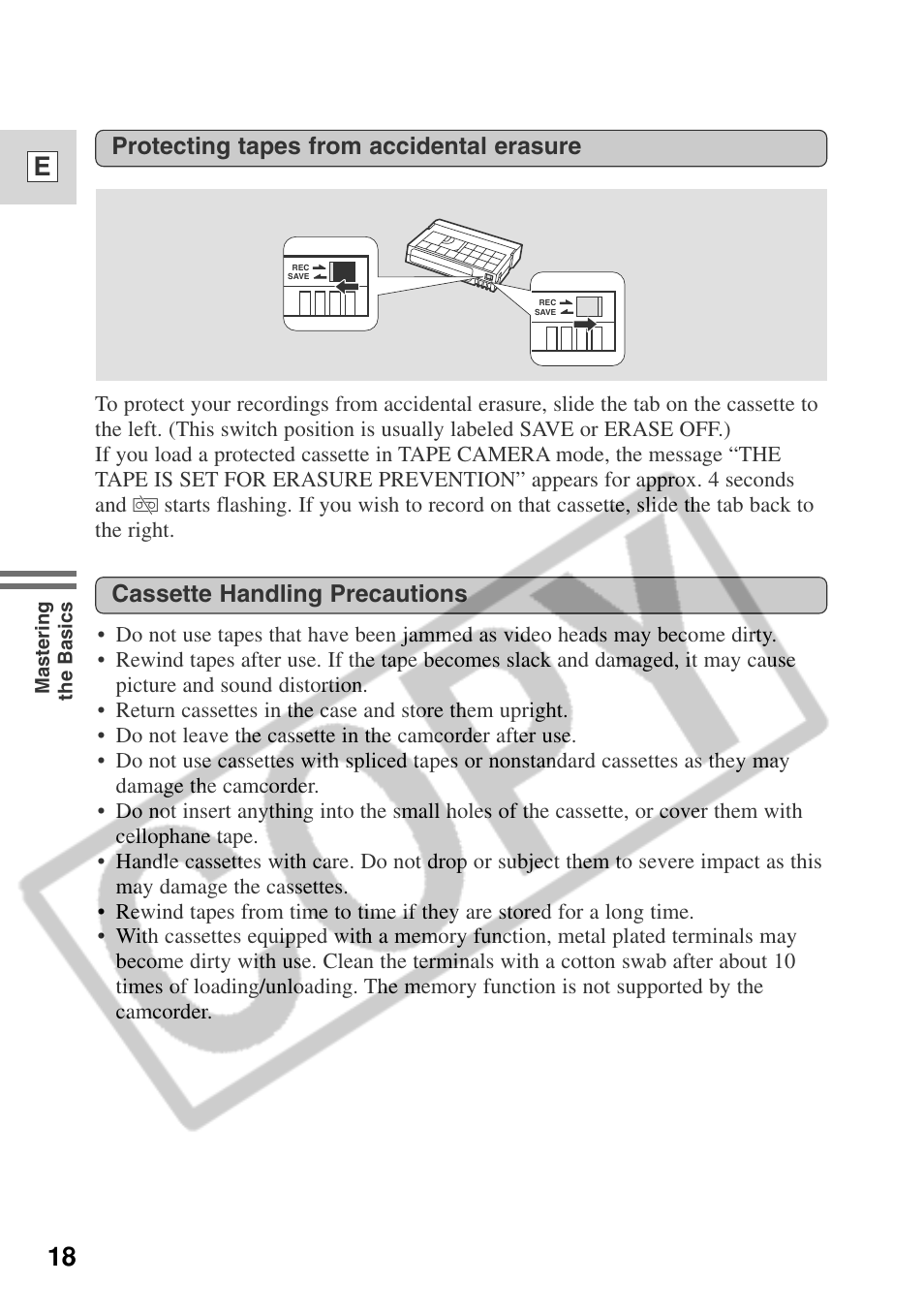 18 e, Protecting tapes from accidental erasure, Cassette handling precautions | Canon ELURA 50 User Manual | Page 18 / 174